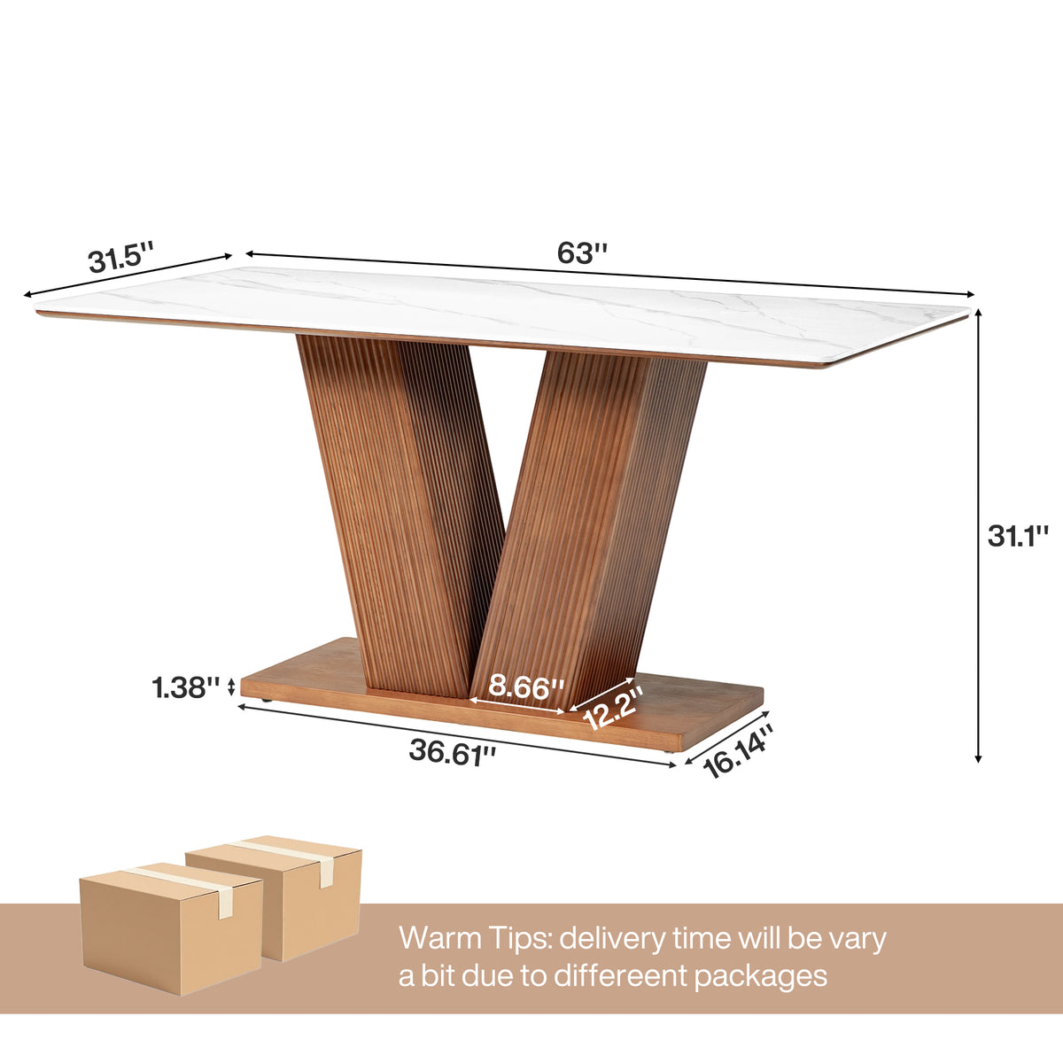 63" Sintered Stone Dining Table for 4-6, Fluted Pedestal Base, Rectangle