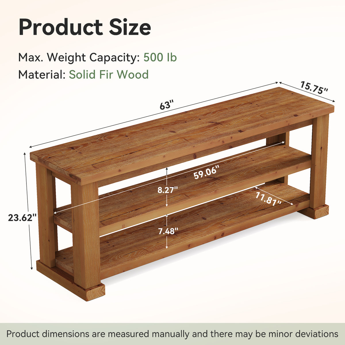 63" Rustic Solid Wood Entryway Bench, 3-Tier Shoe Storage, Reinforced Legs