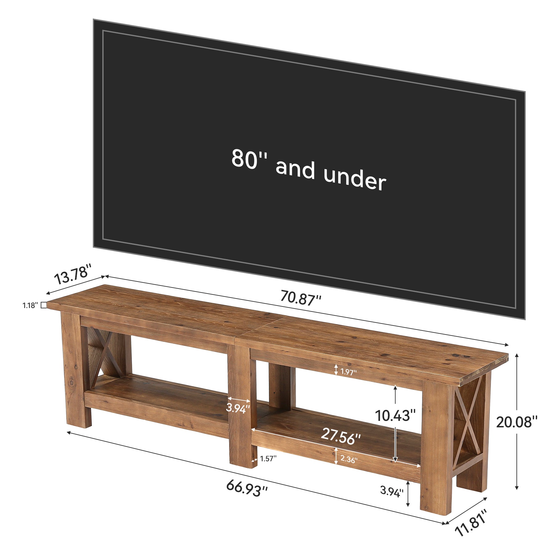 70.87" Solid Wood TV Stand for TVs up to 80", Farmhouse Entertainment Center with Storage Shelves