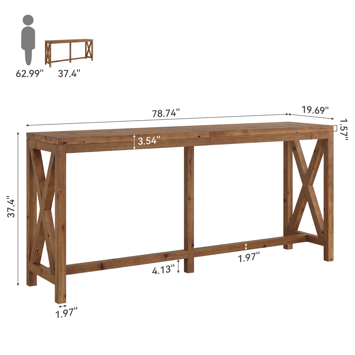78.74" Solid Wood Bar Table, Counter Height Pub Table with X-Shaped Frame & Footrest for 6-8