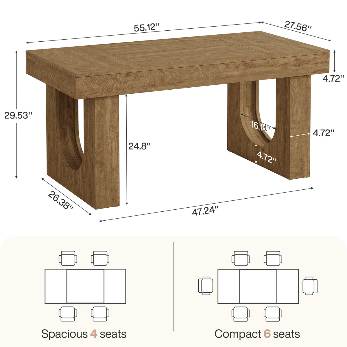 55" Farmhouse Dining Table for 4-6, Rectangular Kitchen Table with U-Shape Legs