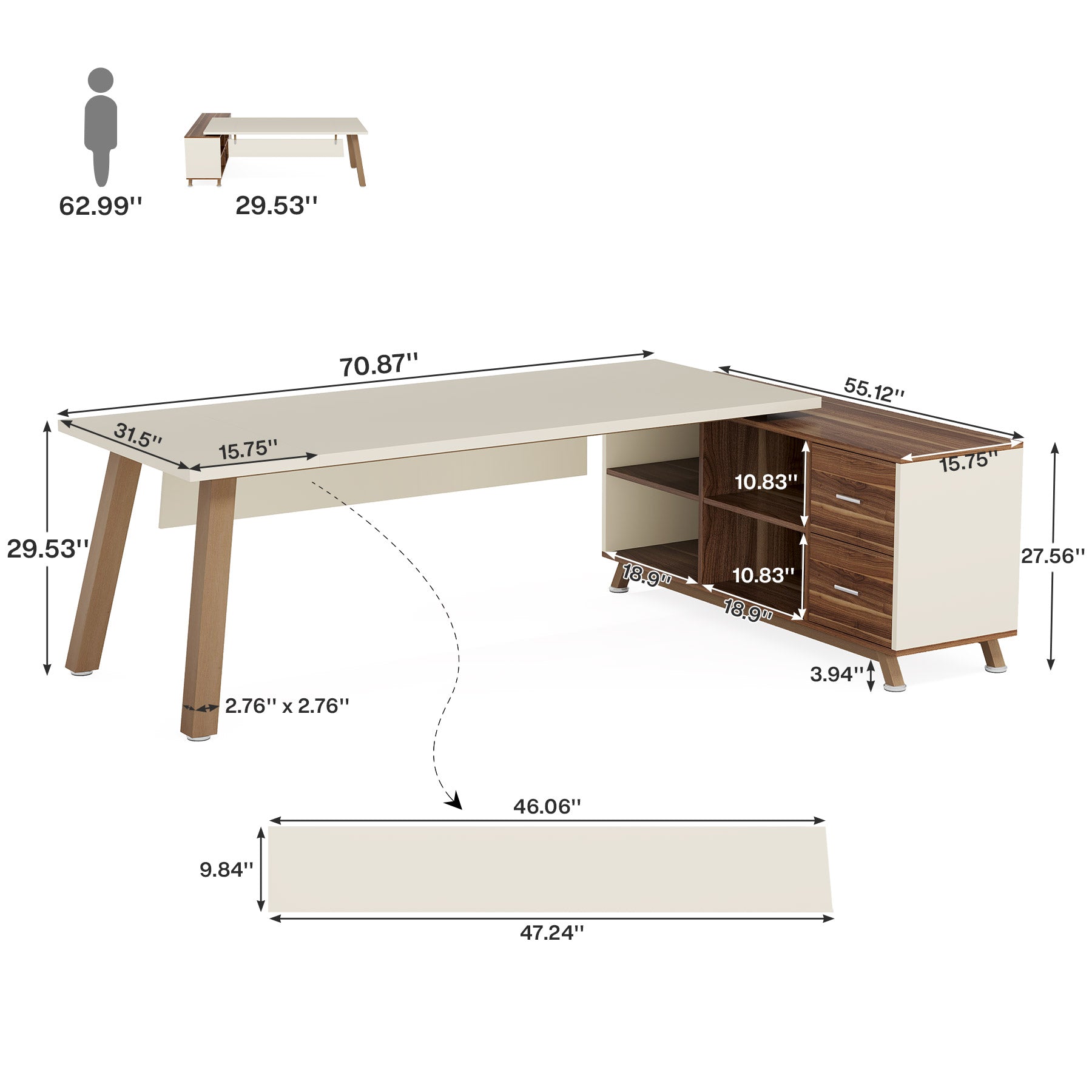 71" Executive Desk, L-Shaped Computer Desk Office Desk with File Cabinet