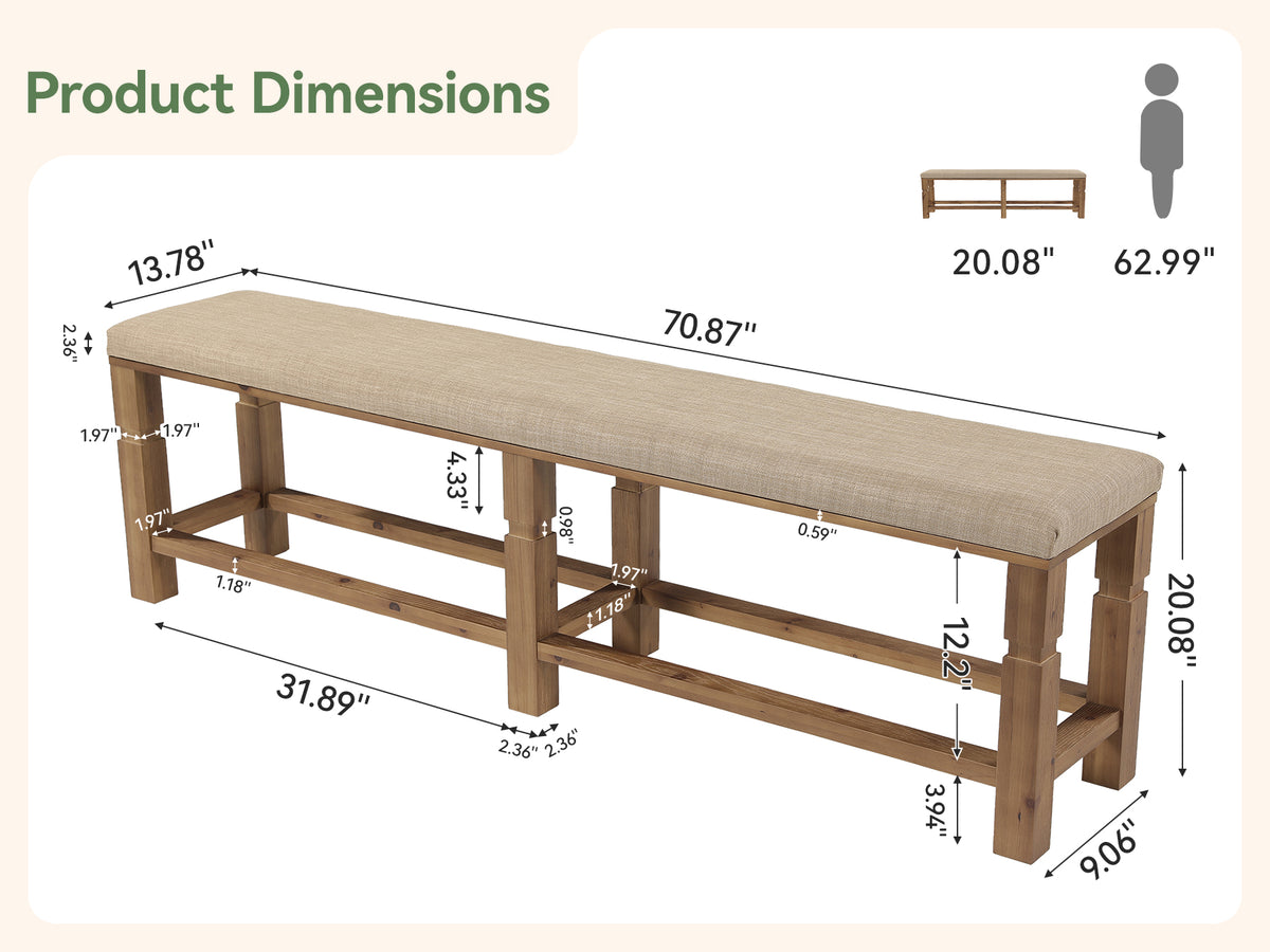 70.87" Upholstered Solid Wood Entryway Bench with Linen Fabric Padded Seat
