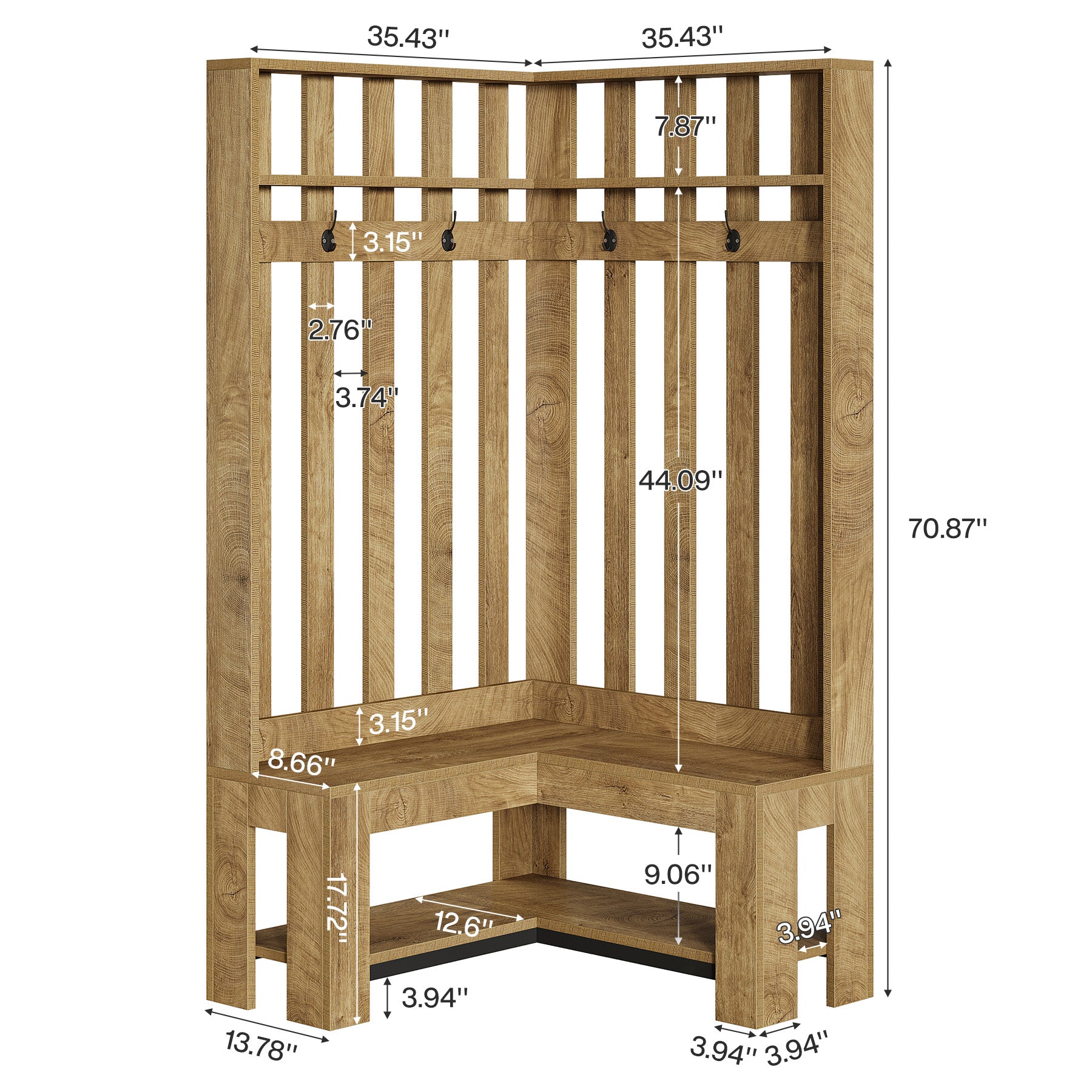 70.8" L-Shaped Coat Rack, Corner Hall Tree with 4 Hooks & Shoe Storage