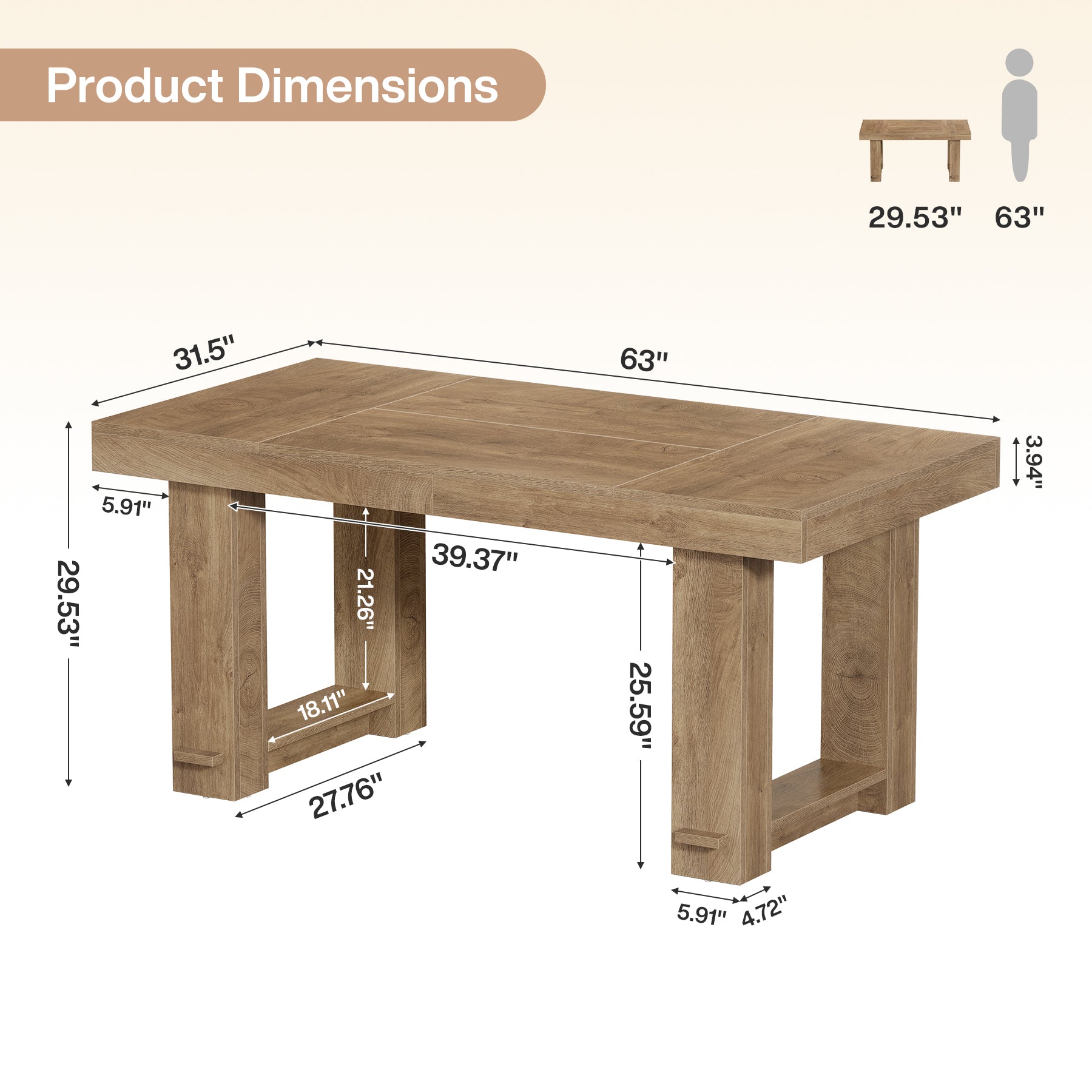 63" Rectangular Executive Desk, Office Desk Computer Writing Table with Large Tabletop