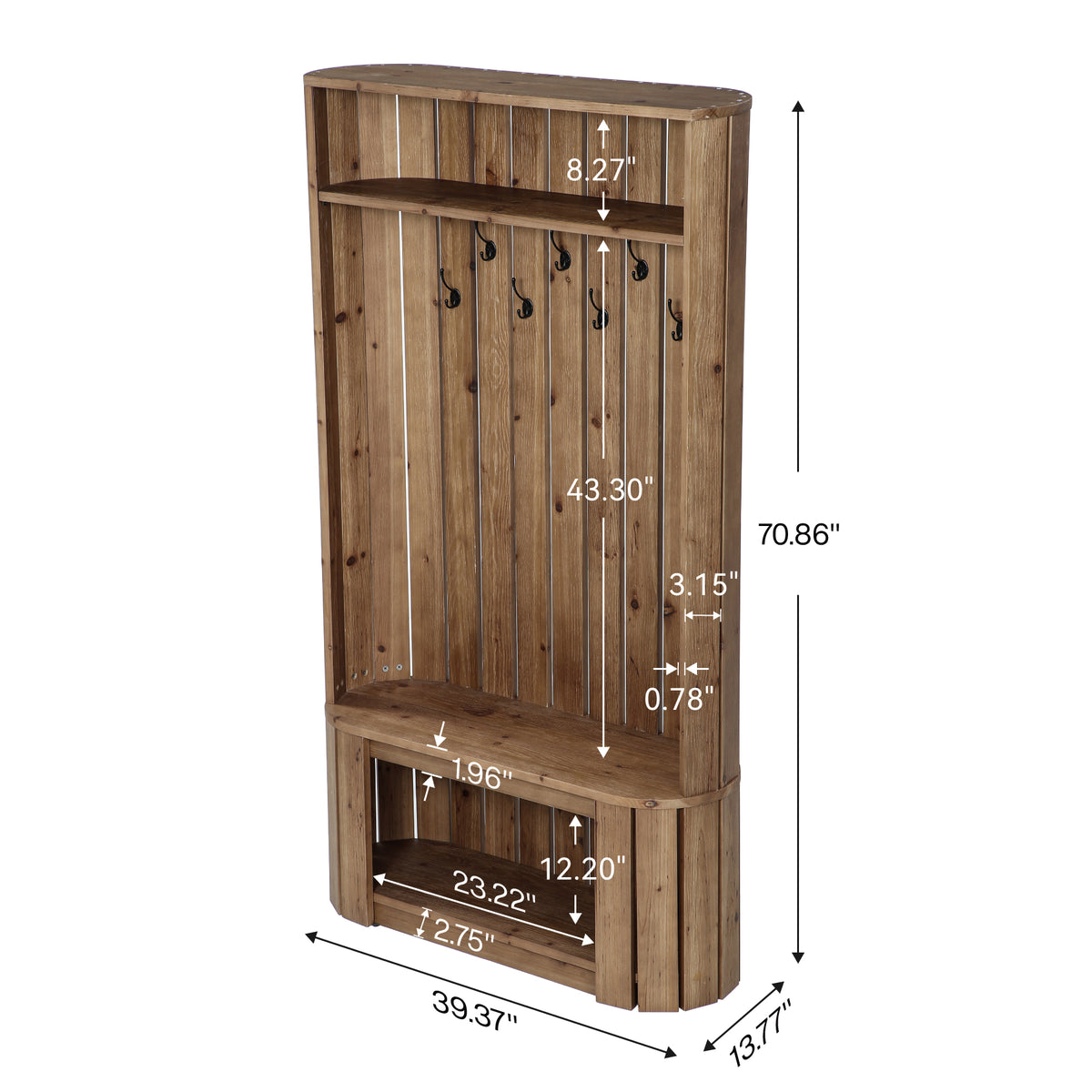 Solid Wood Hall Tree with Bench & Shoe Storage, 7 Hooks, Freestanding Entryway Coat Rack