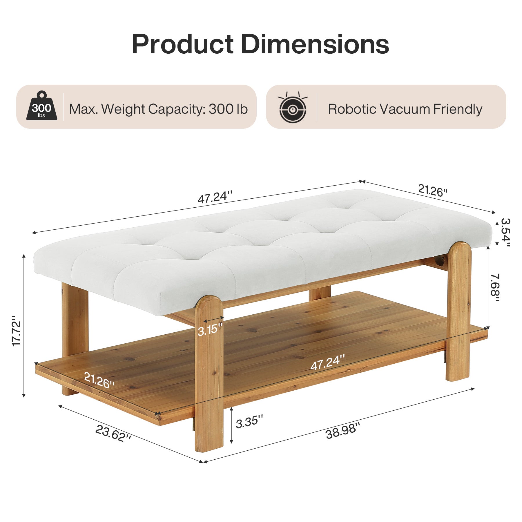 47.24" Ottoman Coffee Table, Rectangle Large Footrest Ottoman with Solid Frame and Storage Shelf