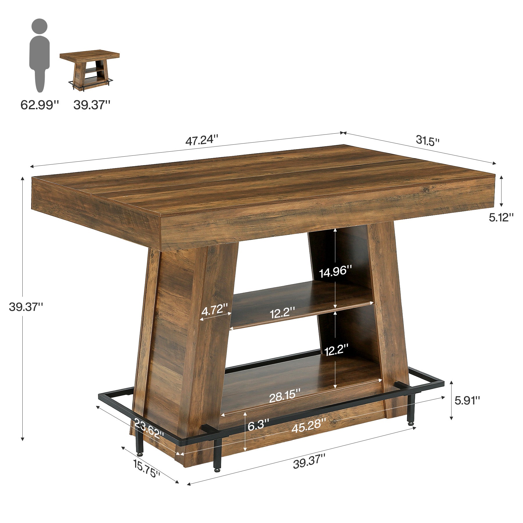 47.2" Rectangular Bar Table, Counter Height Bistro Table with 2-Tier Open Storage Shelves