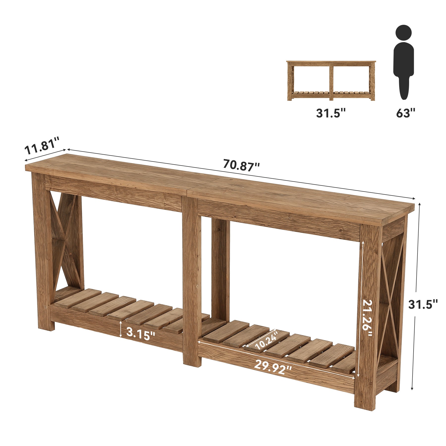 71" Solid Wood Farmhouse Console Table with Storage Shelves, Extra Long Sofa Table for Entryway & Hallway