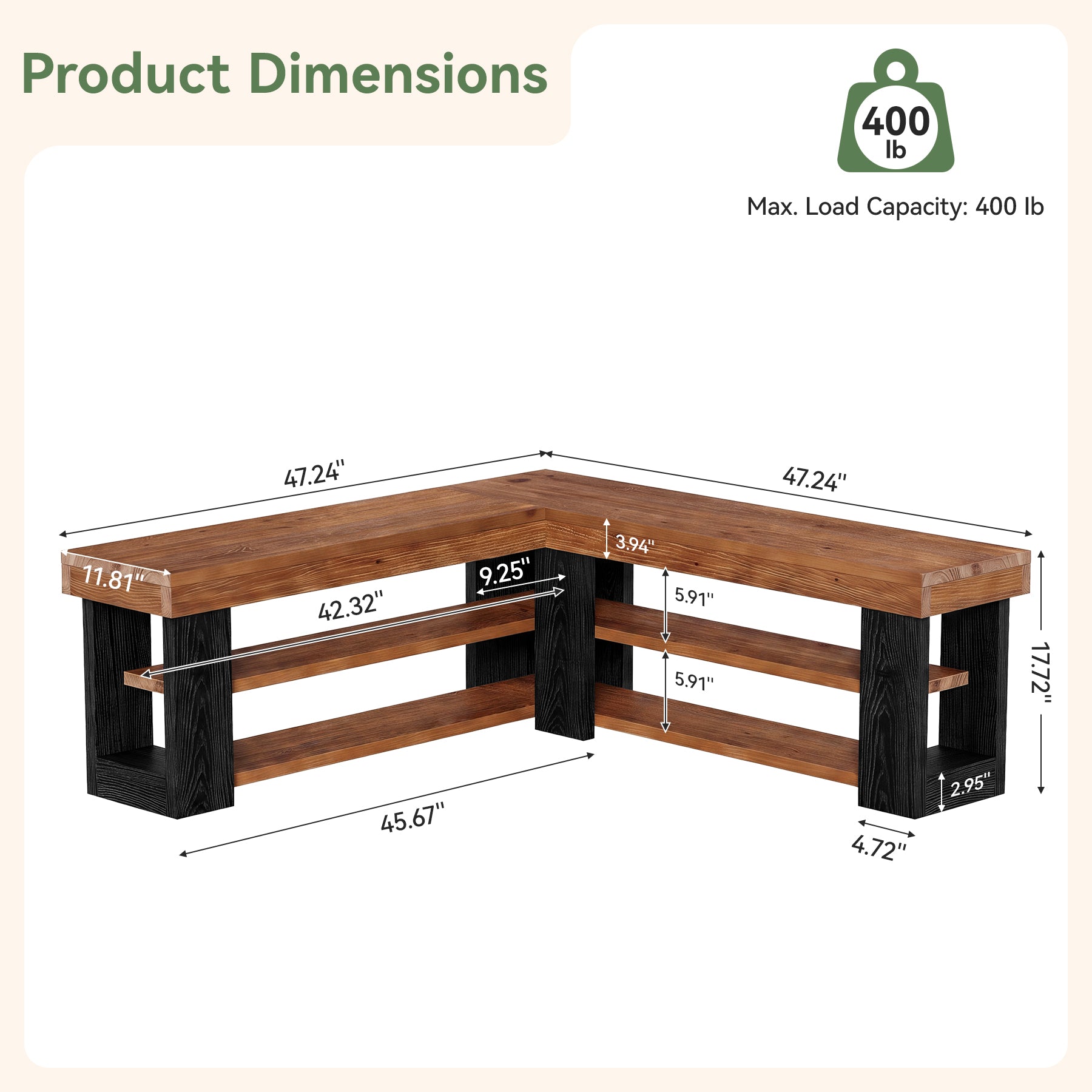47" L-Shaped Corner Bench, 3-Tier Solid Wood Entryway Bench, Hallway Mudroom
