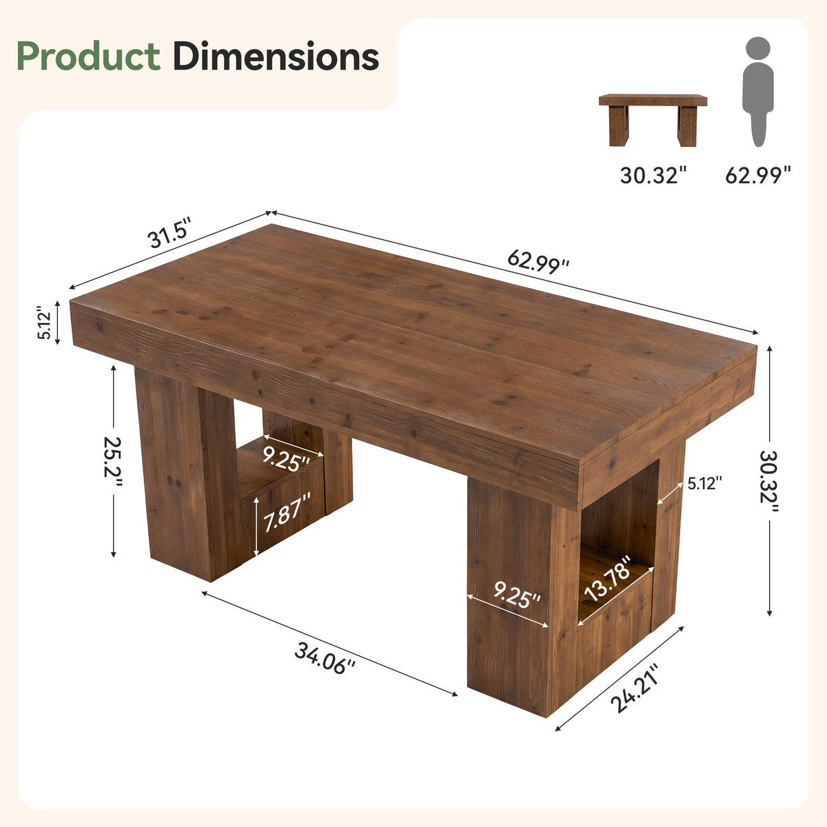 63" Solid Wood Computer Desk, Rectangular Home Office Desk with Sturdy Pedestal Base