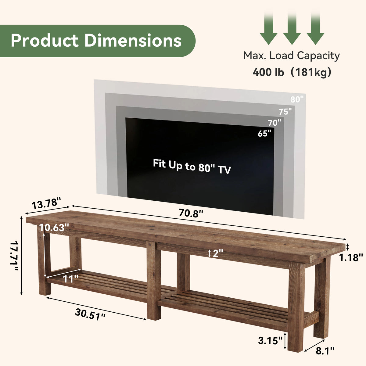 71" Solid Wood TV Stand for 80" TVs, 2-Tier Media Console for Living Room