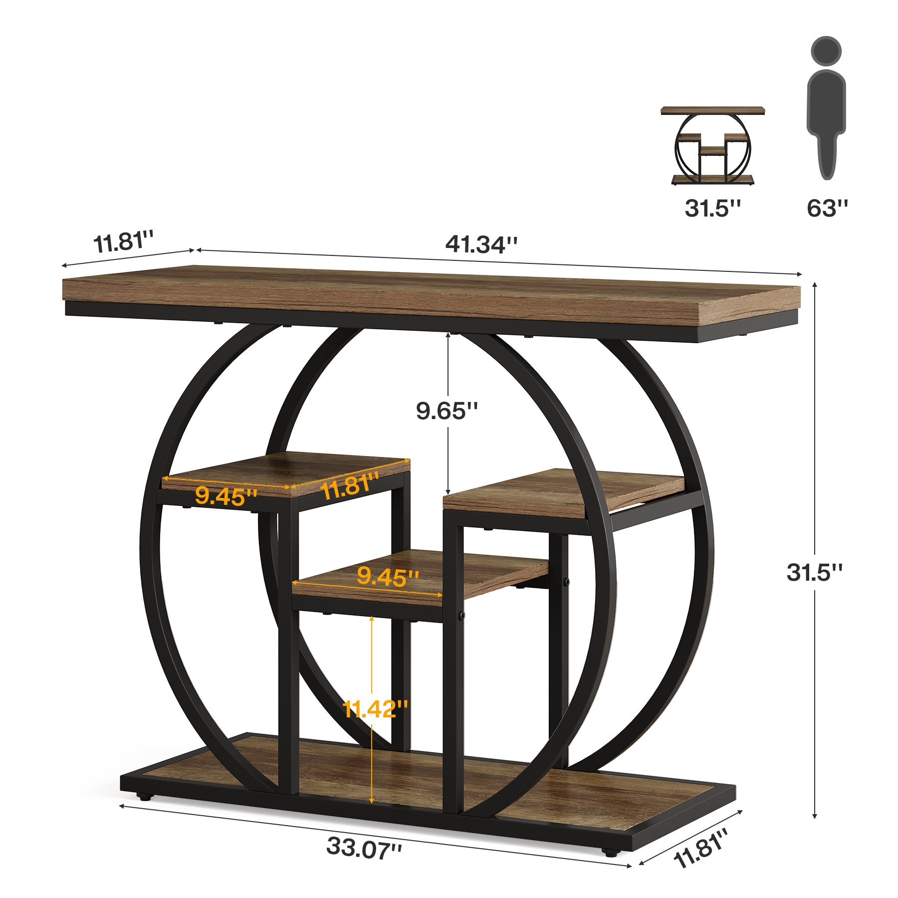 41.3" Industrial Console Table, 4-Tier Sofa Table with Storage Shelves
