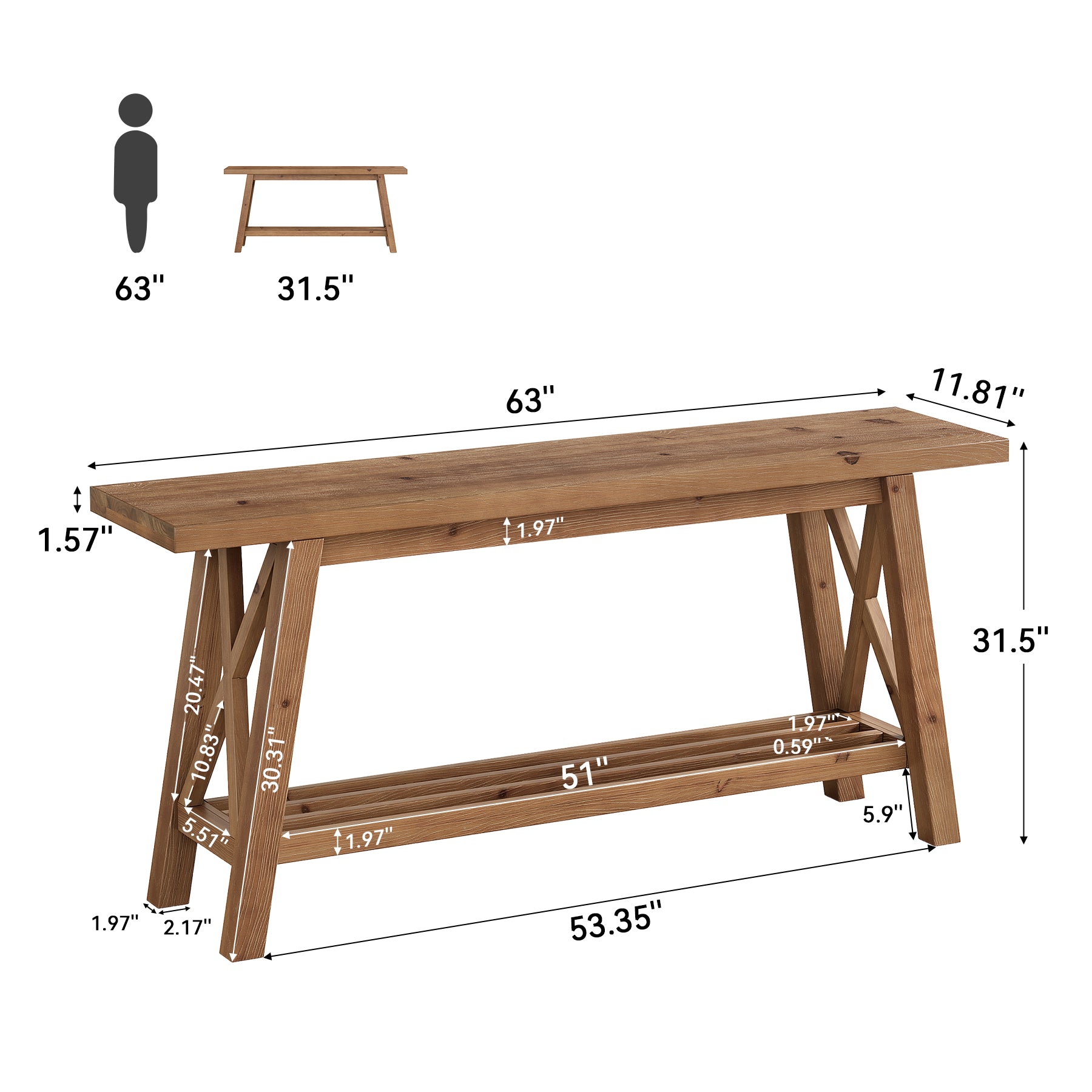63" Console Table with Storage, Solid Wood X-Brace Sofa Table, 2-Tier Entryway Table