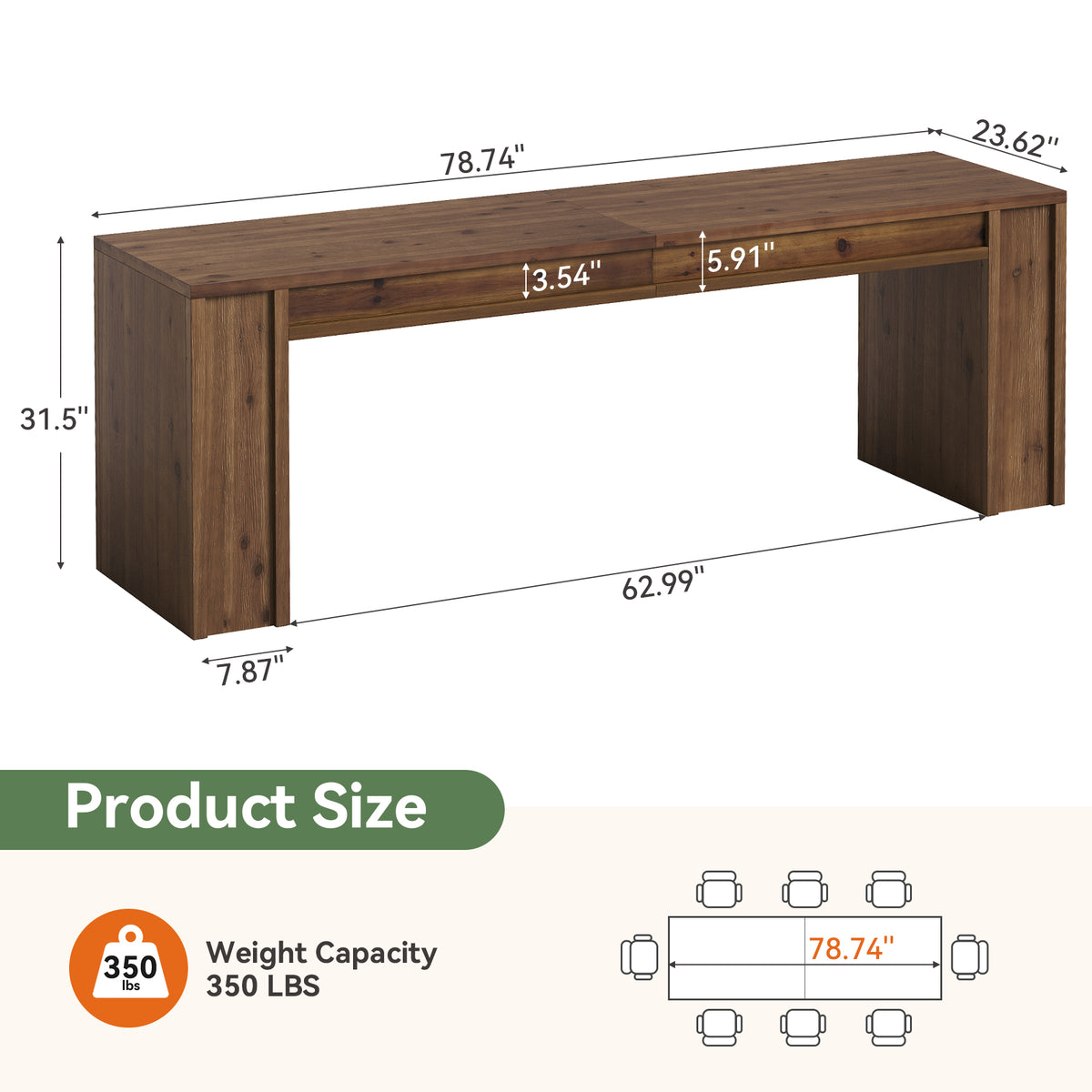 78.7" Solid Wood Dining Table for 6-8, Rectangular Kitchen Table with Thick Block Legs