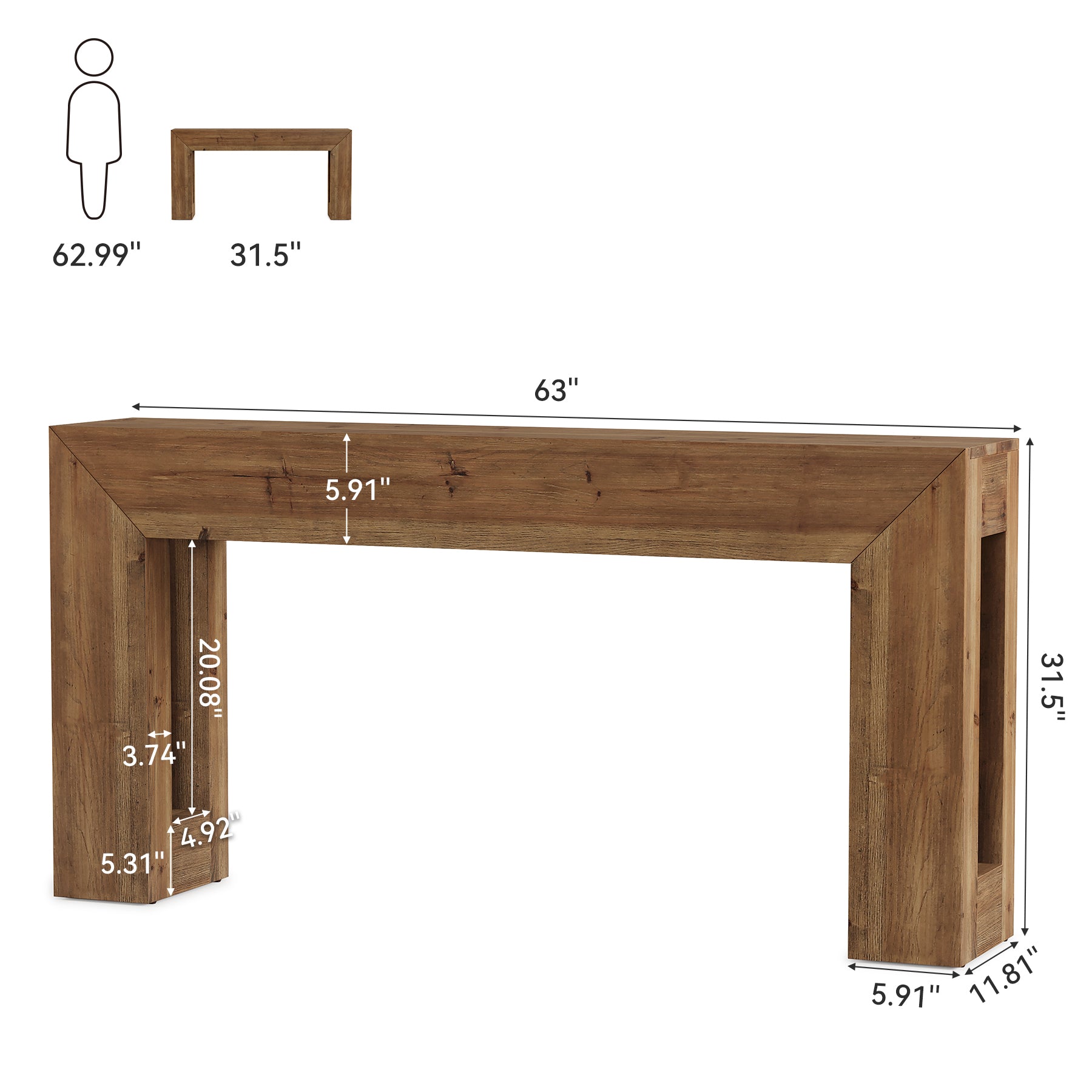 63-Inch Solid Wood Console Table with Geometric Frame, Natural Farmhouse Entryway Table