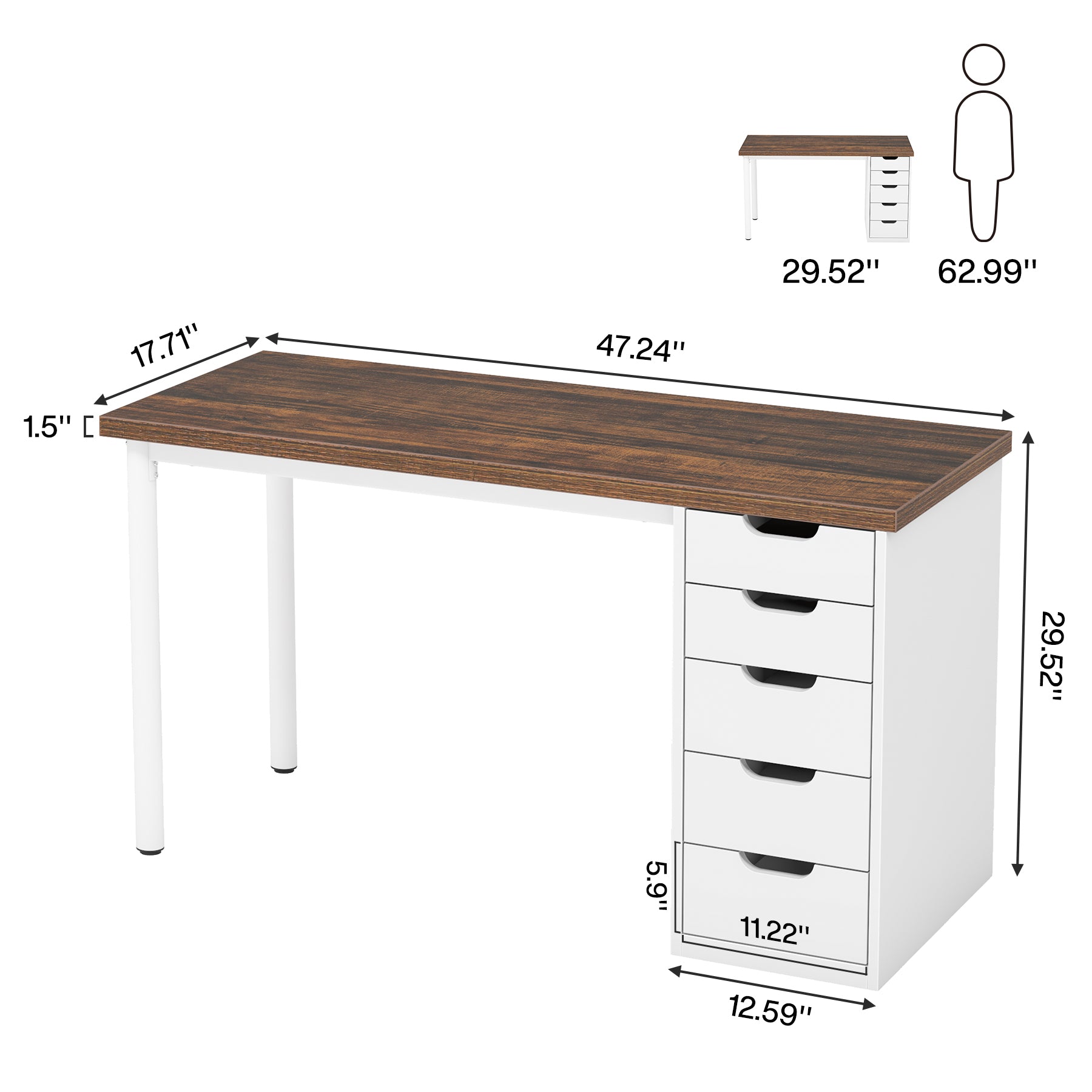 47" Computer Desk with 5 Drawers, Compact Storage Home Office Desk
