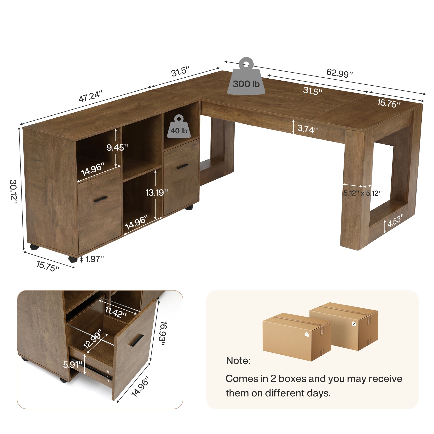 63" Executive Home Office Set,  L-Shaped Desk with Storage Shelves & Drawers