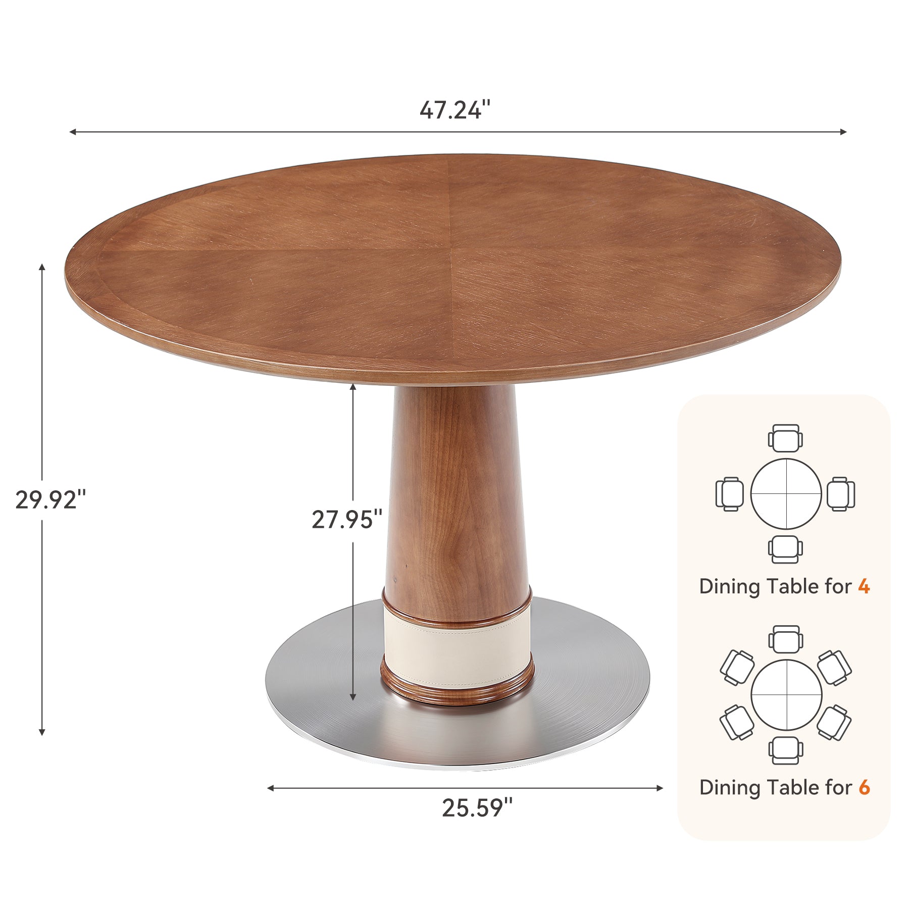 47" Round Dining Table for 4-6, Solid Wood Mid-Century Modern Kitchen Table, Stainless Steel Pedestal Base