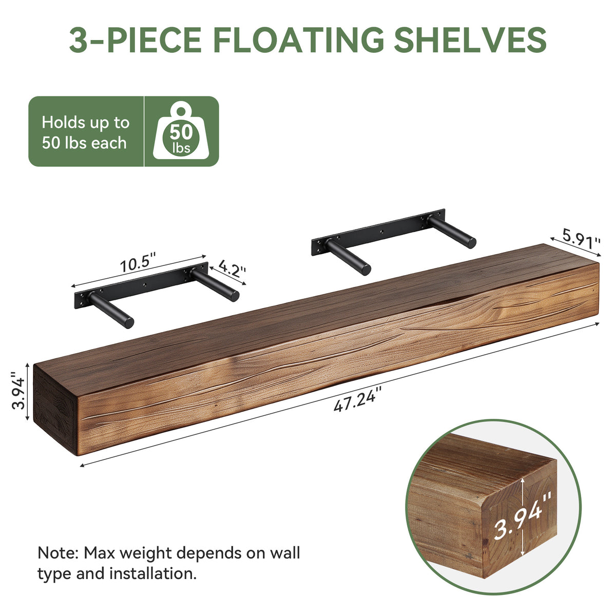 47.2" Solid Wood Floating Shelves for Wall, Set of 3, Embossed Texture, Easy 4-Step Assembly