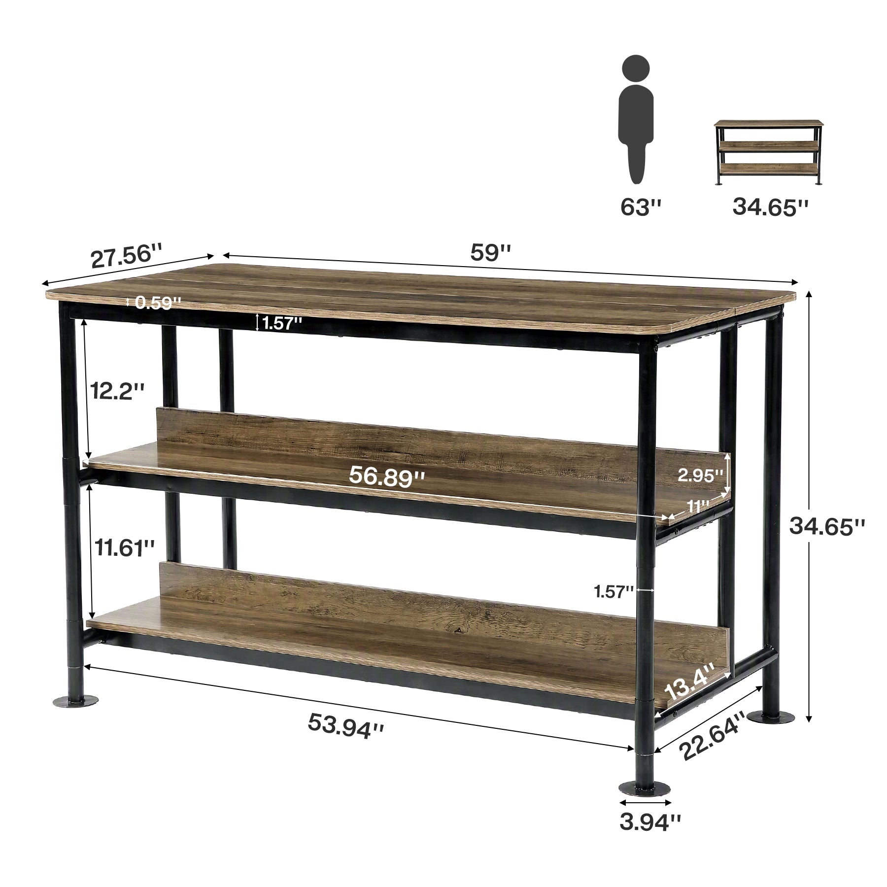 59" Home Bar Table with 3-Tier Storage Shelves, Counter Height, Kitchen Dining Room Pub Table