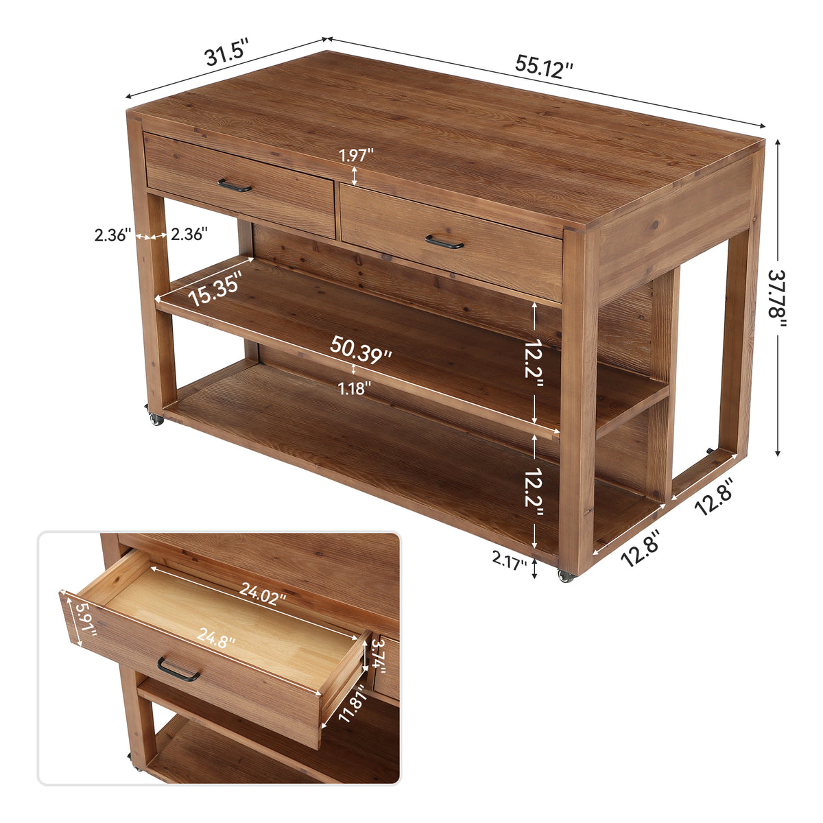 Rolling Bar Table, Solid Wood with 4 Drawers, 2-Tier Open Shelves & 4 Wheels