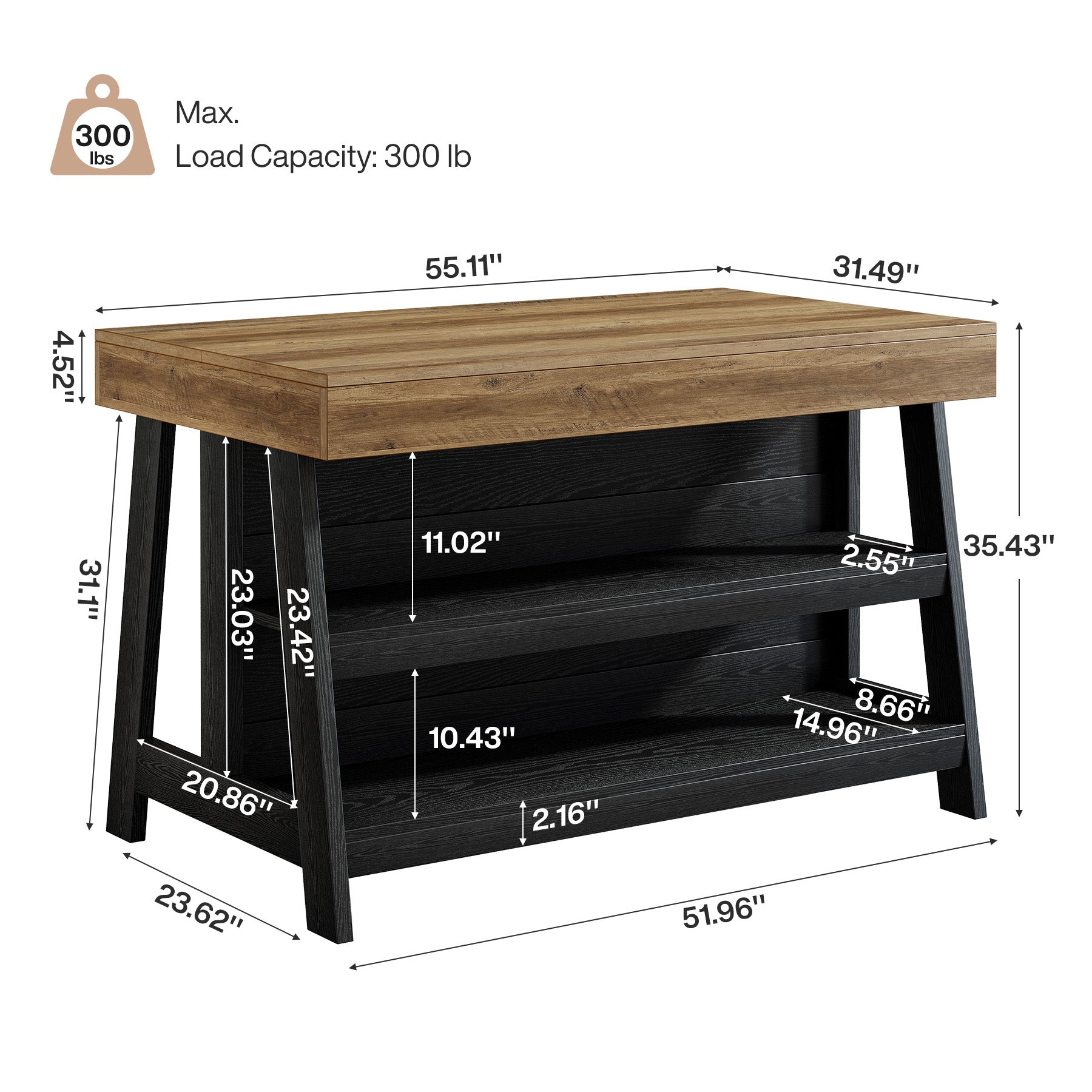 55" Kitchen Island with 3-Tier Storage, Farmhouse Stationary Island Table for Kitchen