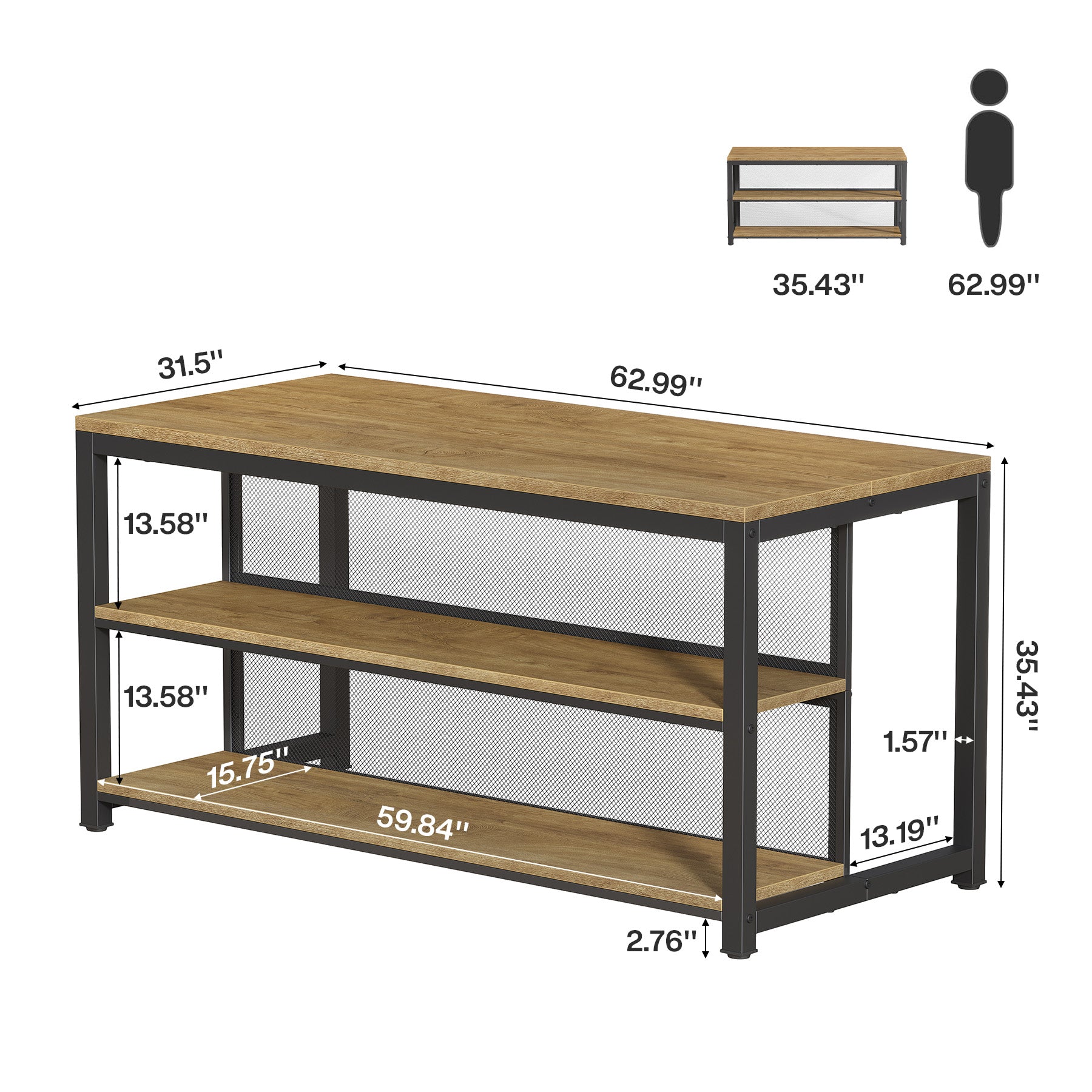 63" Industrial Kitchen Island, Stationary Island Coffee Bar Table With Storage Shelves
