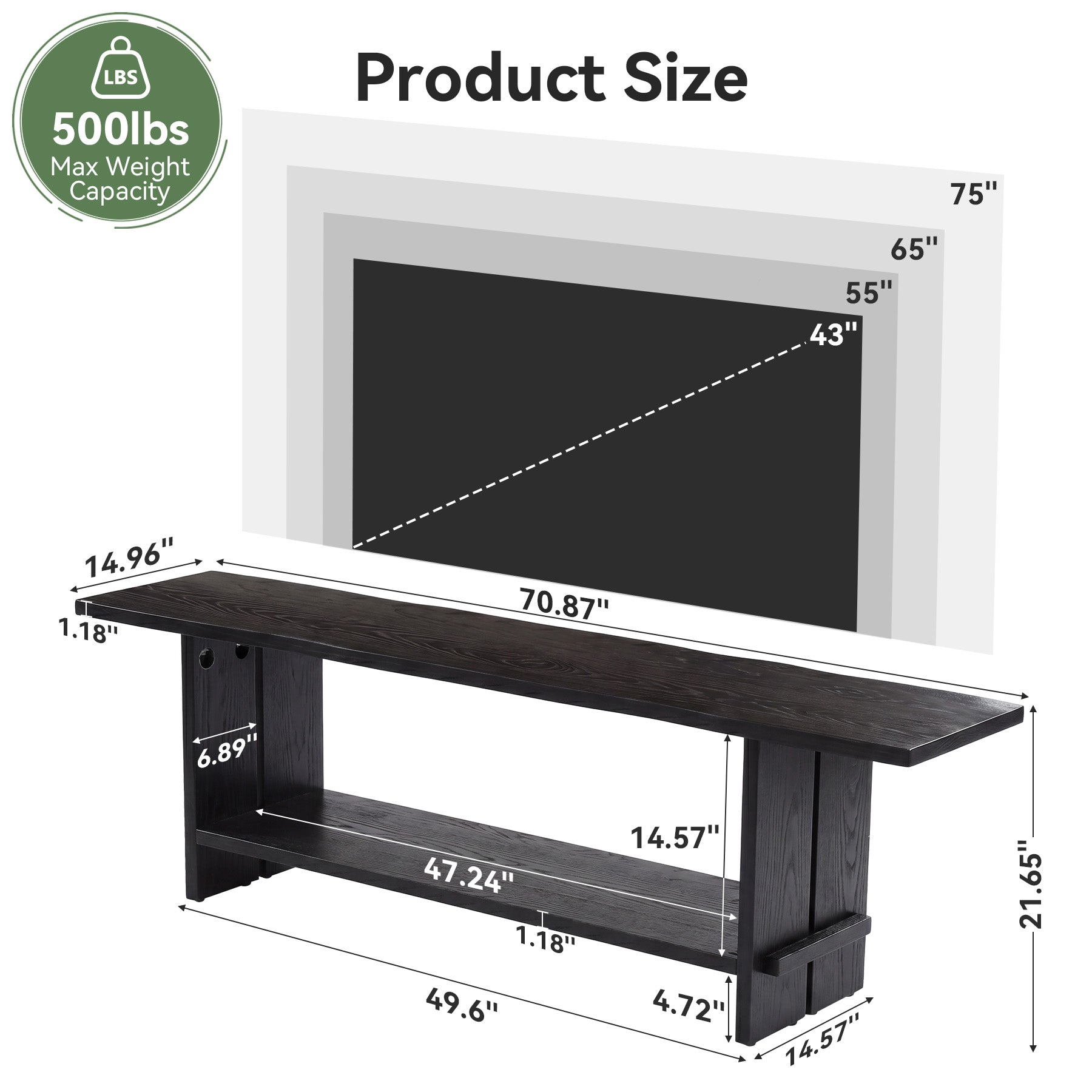 71" Solid Wood TV Stand for 55–85 Inch TVs, Farmhouse Media Console with Storage Shelf, Wooden Entertainment Center