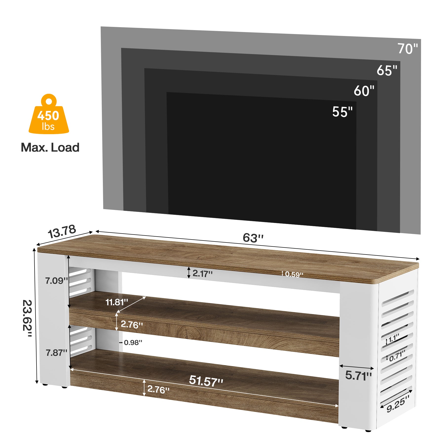 63" Farmhouse TV Stand, Entertainment Center with 3-Tier Storage Shelves for 75" TV