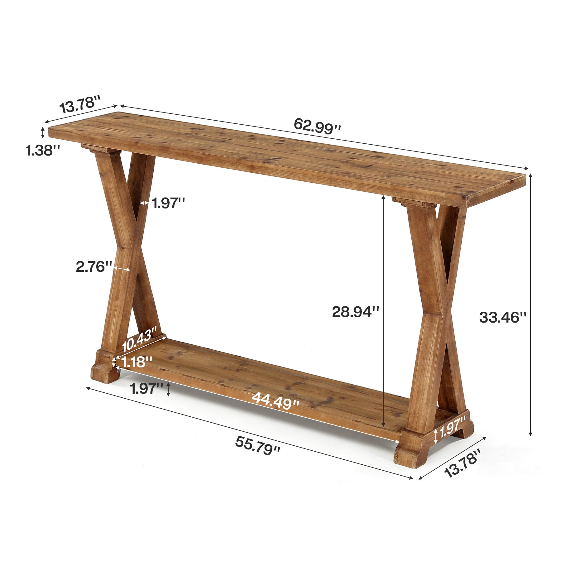 63" Solid Wood Console Table, Narrow Farmhouse Sofa Table with 2-Tier Storage for Entryway, Hallway & Behind Couch