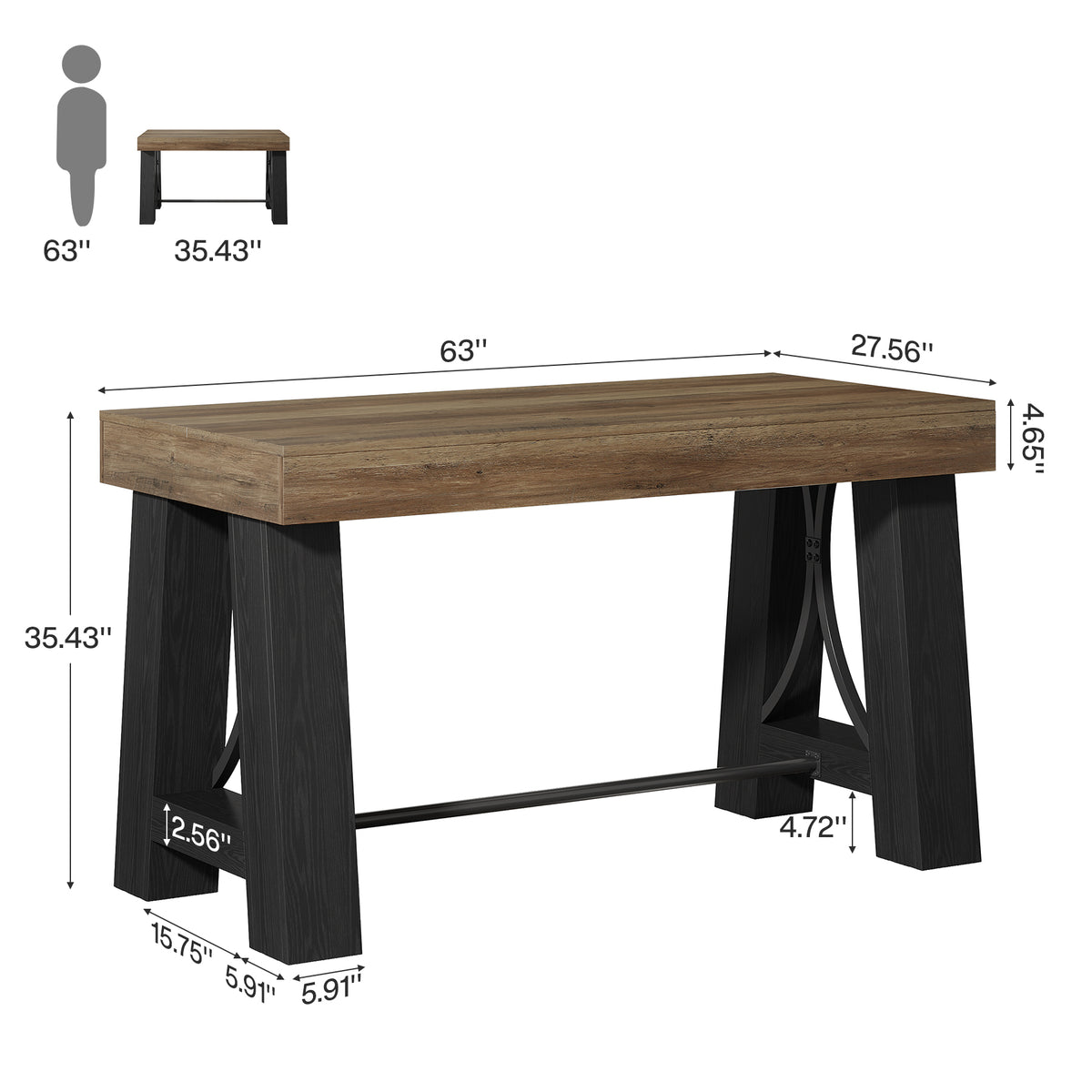 63" Farmhouse Counter Height Table with Footrest, Rectangular High Top Home Bar Kitchen