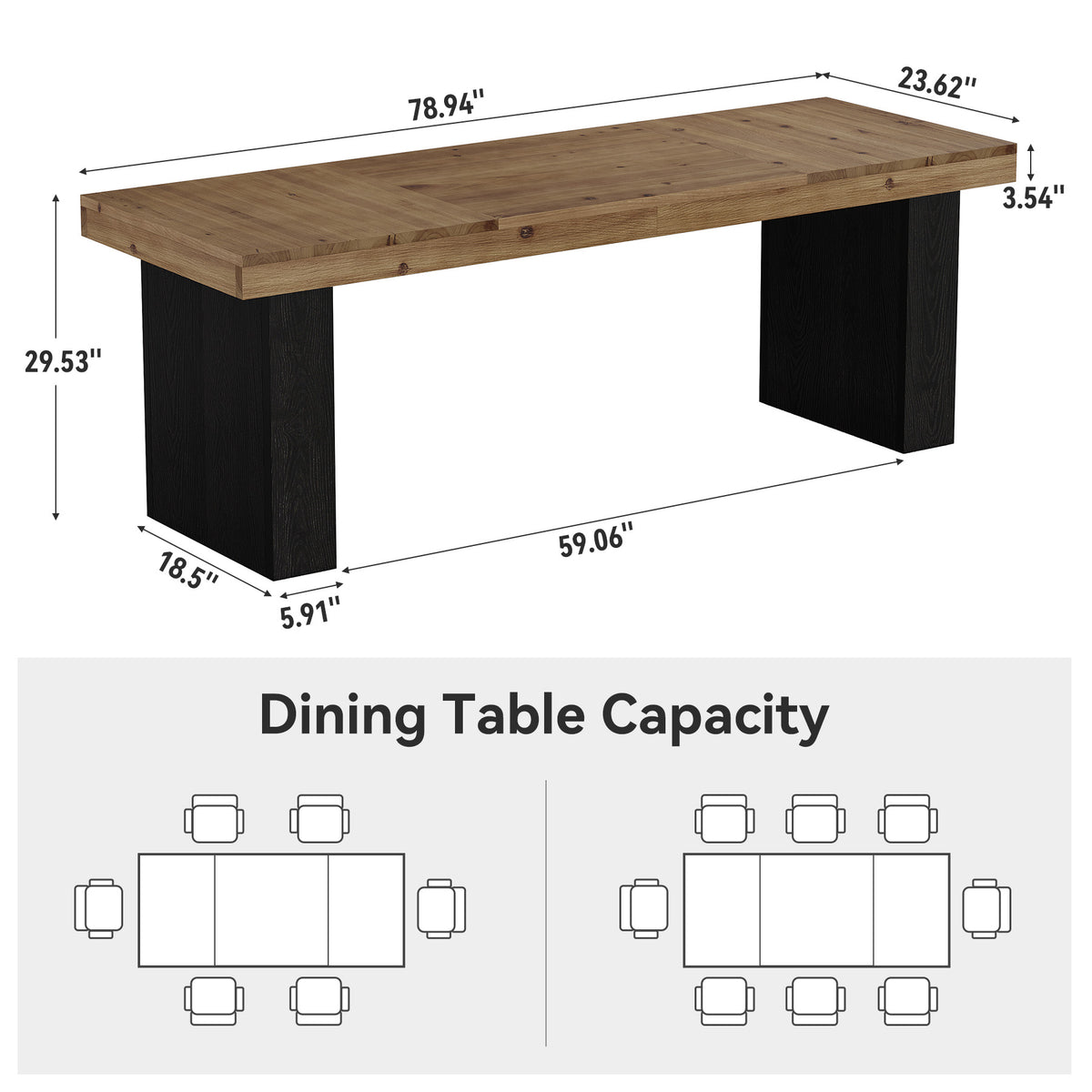 79" Solid Wood Dining Table, Rectangular Kitchen Table with Double Pedestal Base for 6–8 People