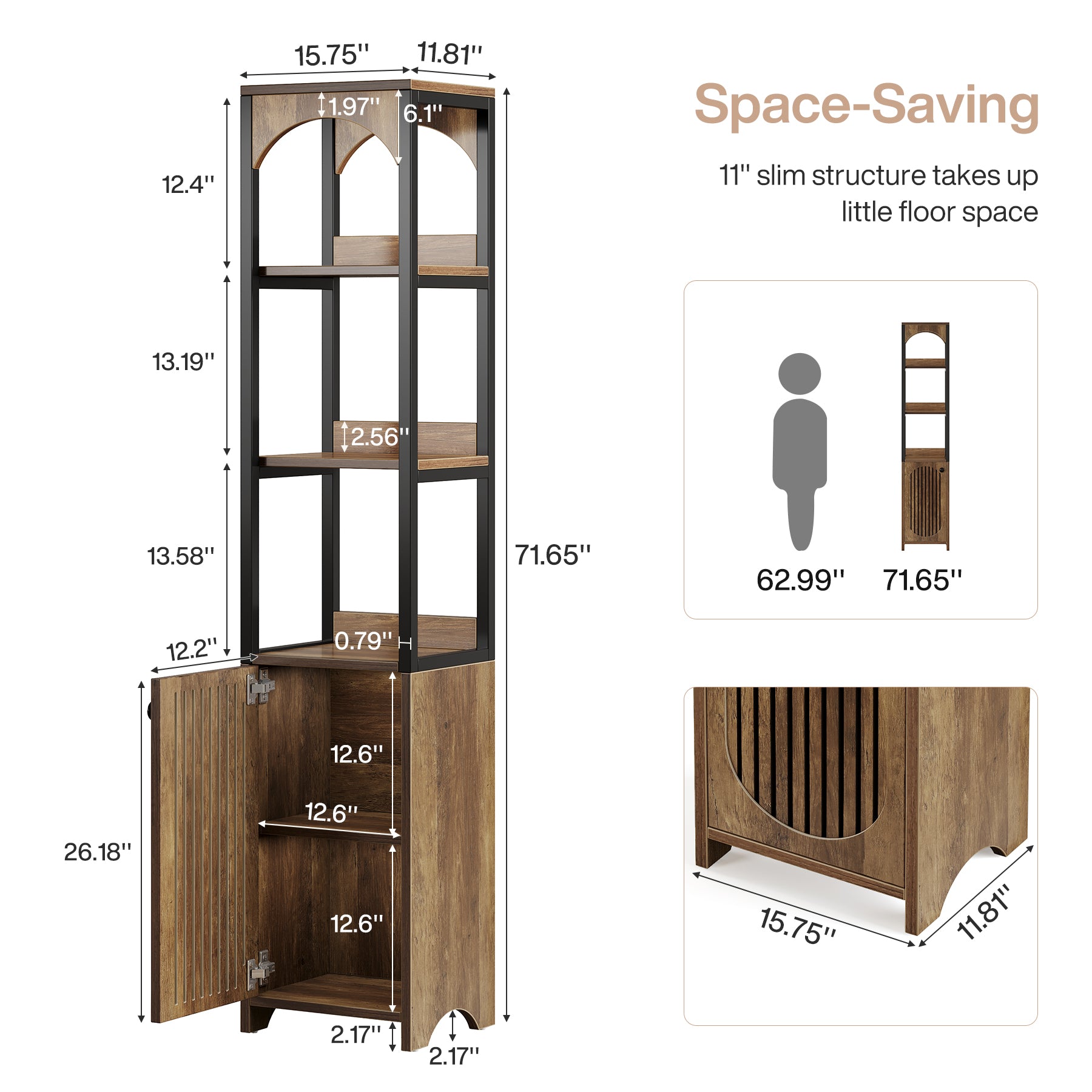 71.6" Bookshelf with Cabinet, Narrow Bookcase with Open Storage Shelves