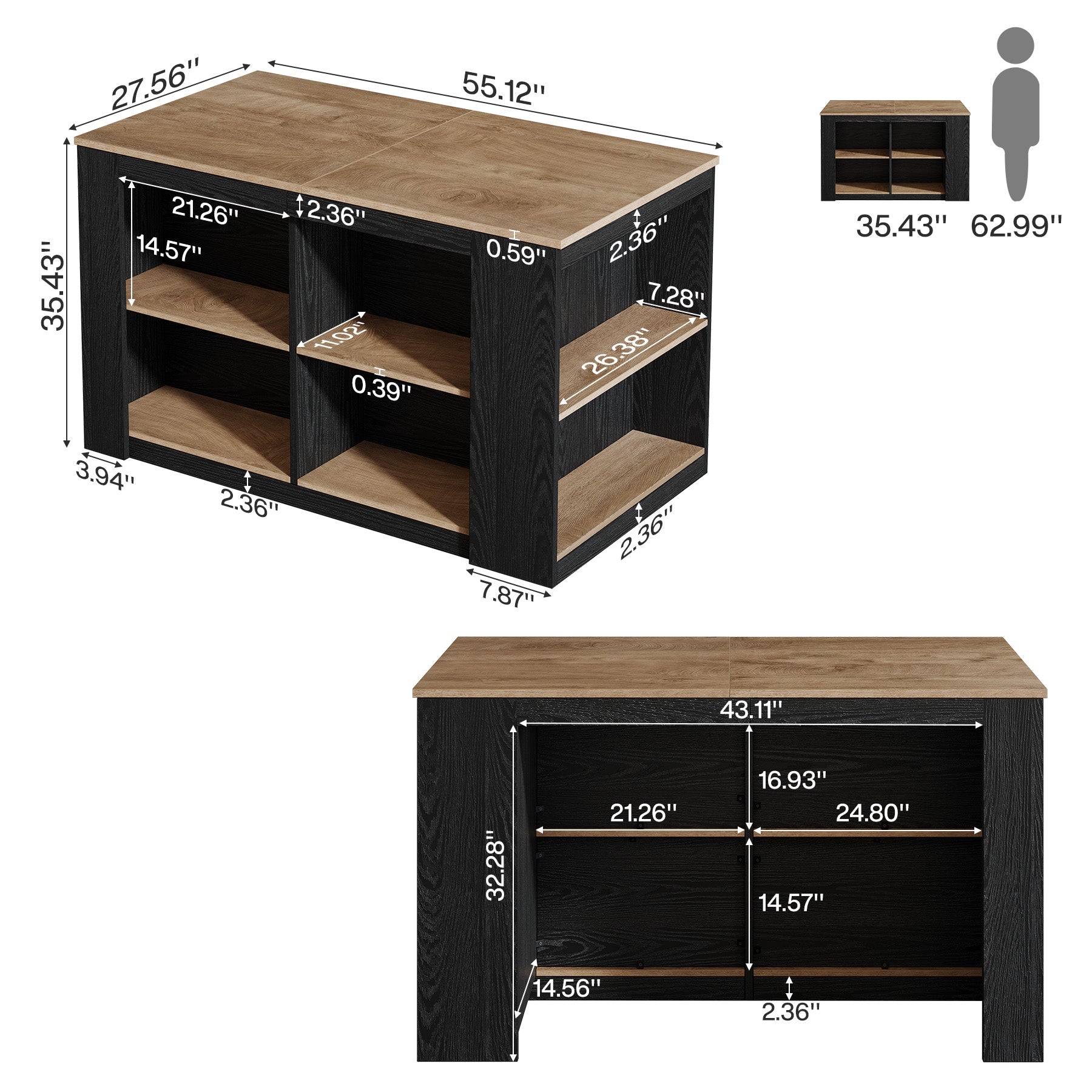 55" Two-Tone Kitchen Island with Storage Shelves, Large Worktop Dining Table