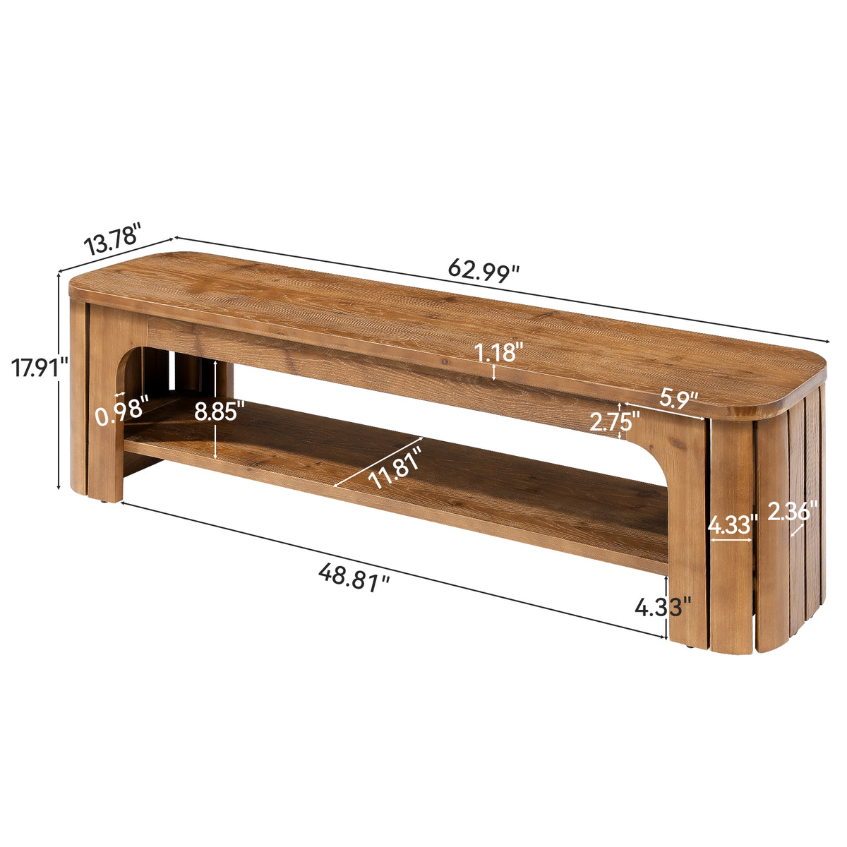 63" Solid Wood Entryway Bench, 2-Tier Open Shoe Storage, Rustic Hallway Bench