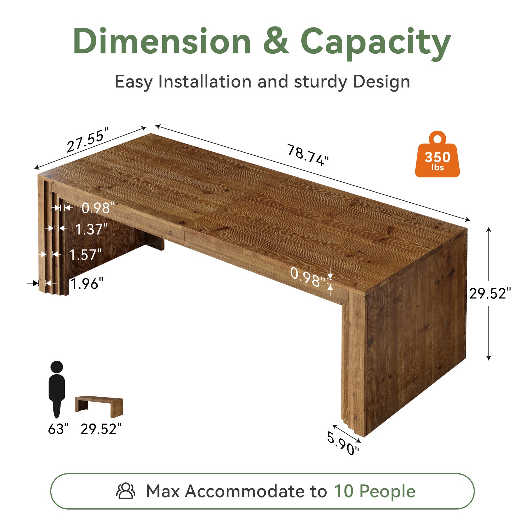 Solid Wood Dining Table for 6-10, 78.7" Rectangular Kitchen Table for Dining Room