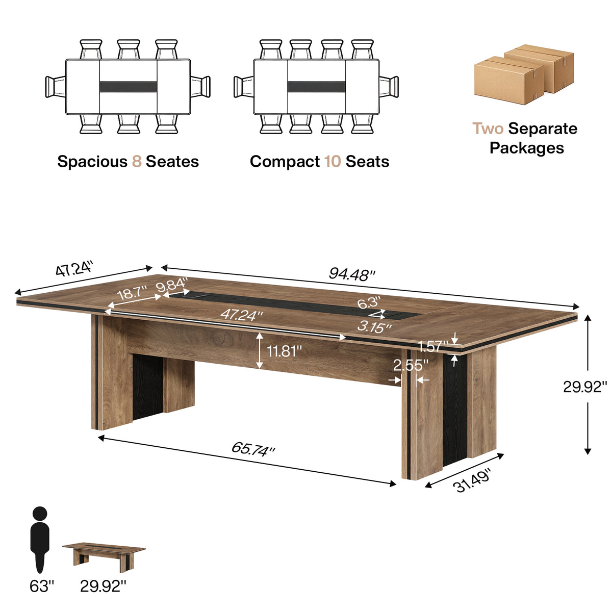 94" Conference Table for 8-10, Office Meeting Table with Rectangular Cable Grommet