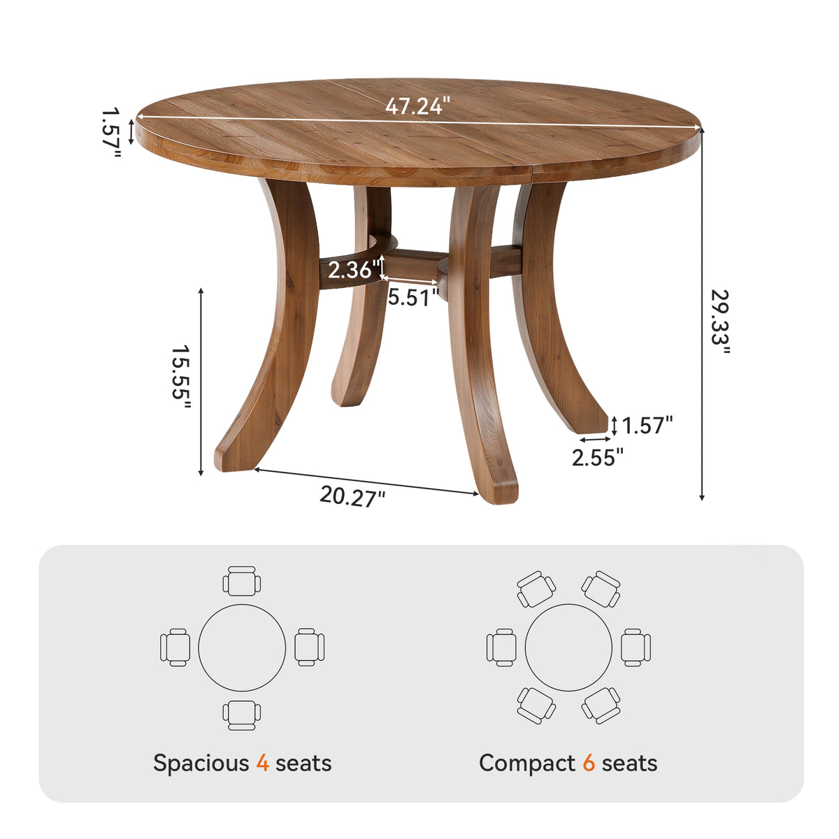 47" Round Farmhouse Solid Wood Dining Table for 4-6 with Curved Legs