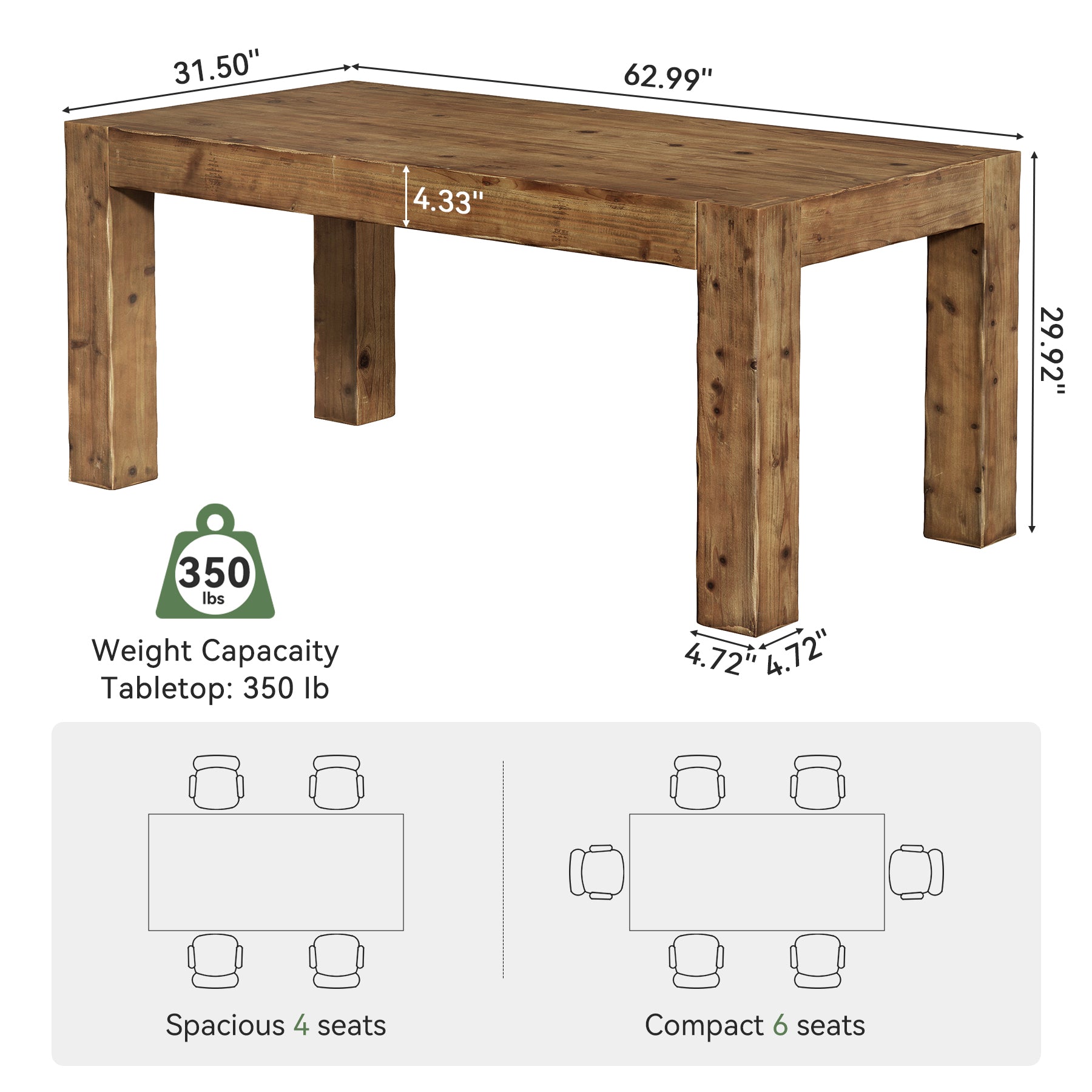63" Dining Table, Solid Wood Dinner Kitchen Table For 4 To 6
