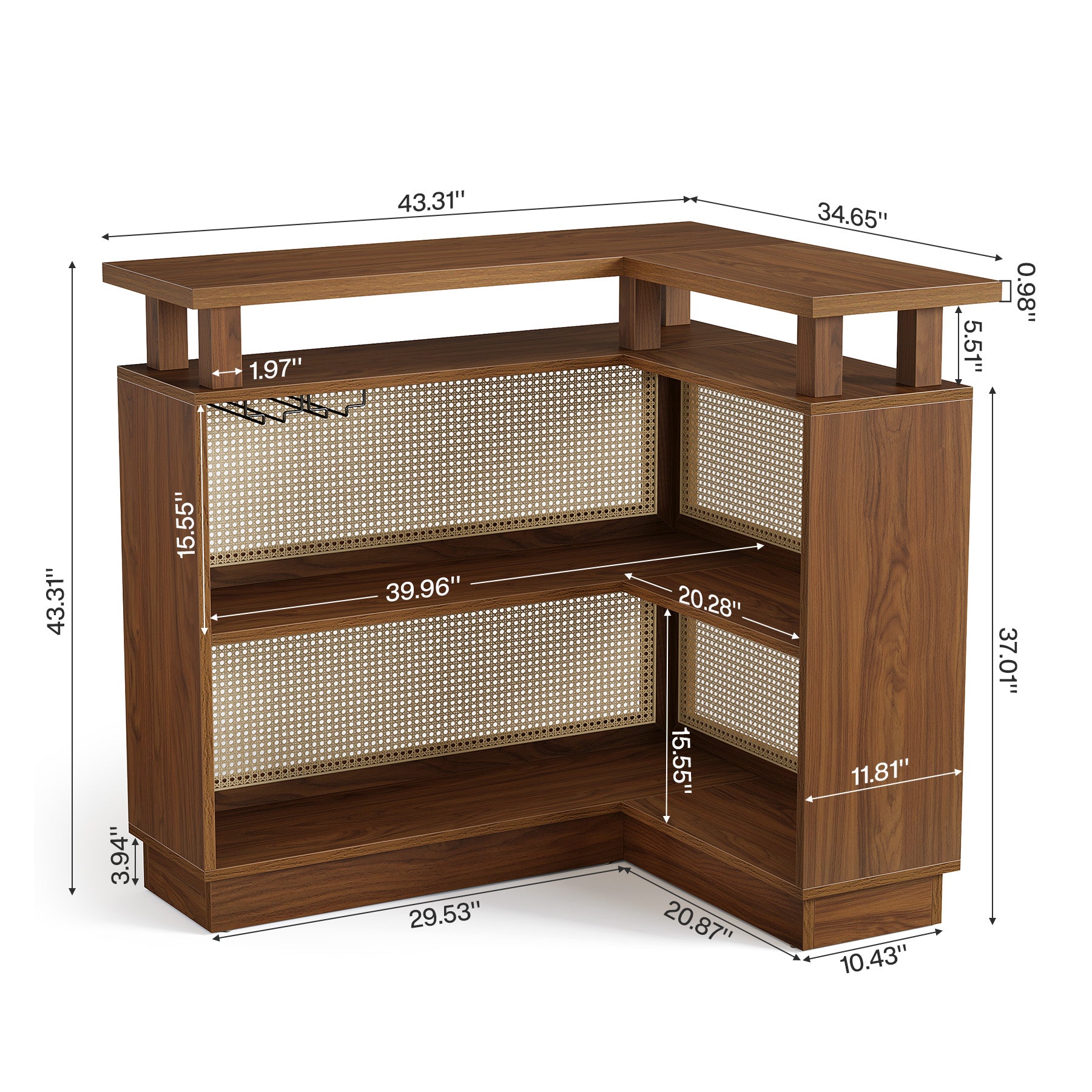L-Shaped Home Bar Unit, Rattan Bar Table Liquor Cabinet with 4-Tier Storage Shelf