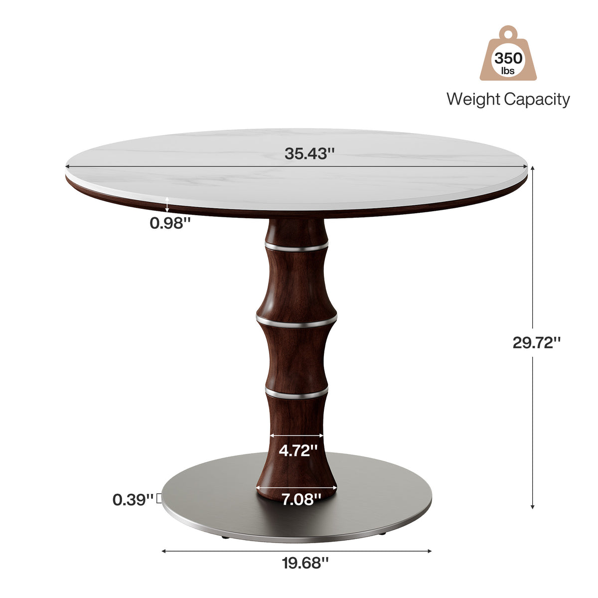 35" Round Sintered Stone Dining Table for 2-4, Rubberwood Pedestal & Stainless Steel Base