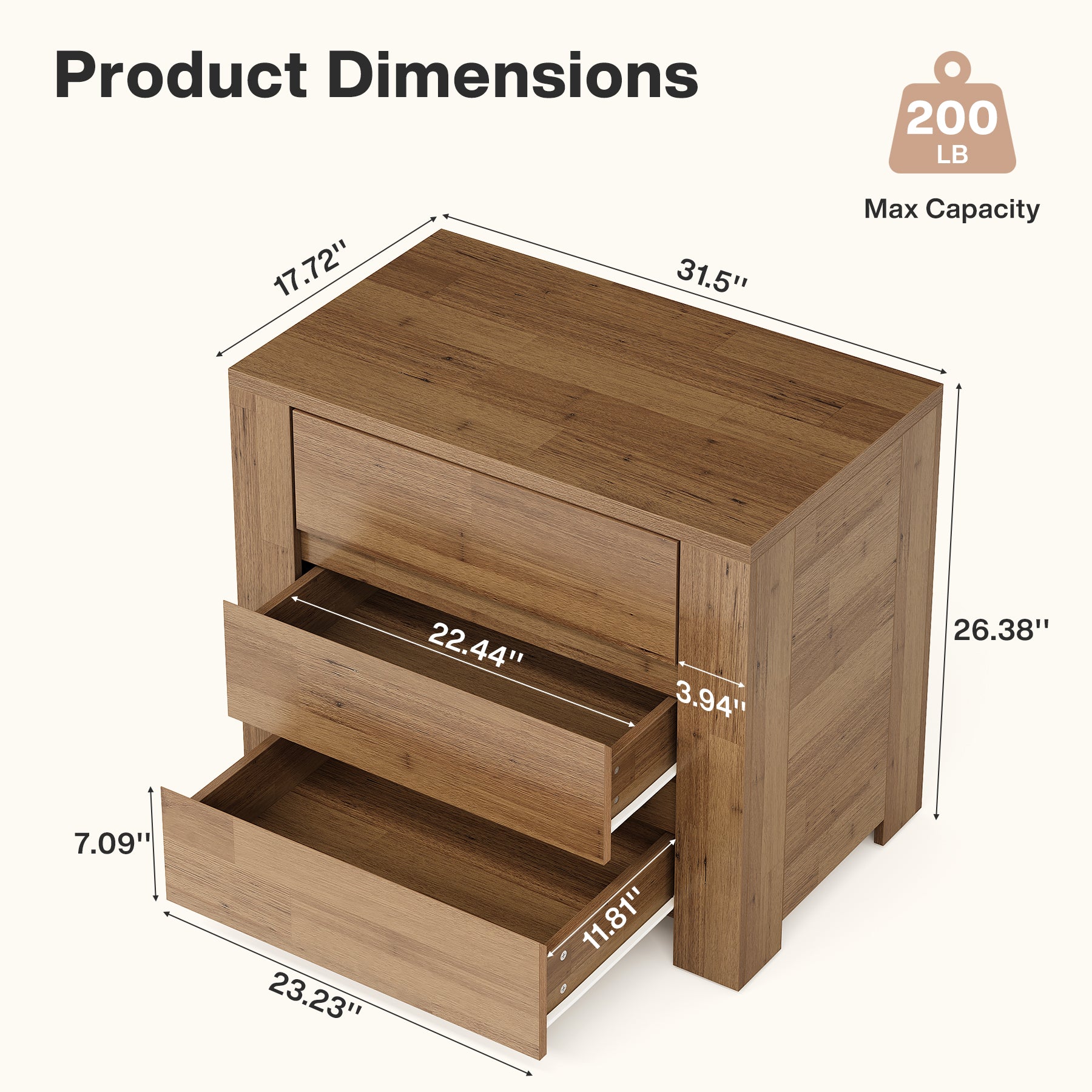 31.5" Wide Nightstand, Oversized Bedside Table with 3 Drawers for Bedroom