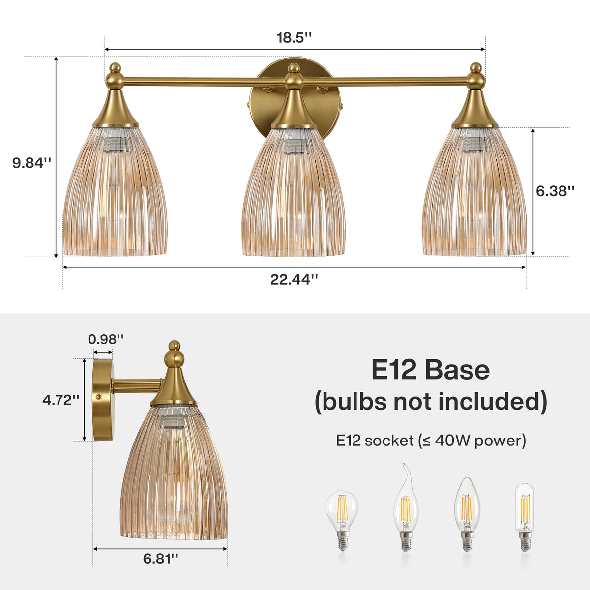 3-Light 22" Bathroom Vanity Light, Brushed Brass Wall Sconce with Amber Glass