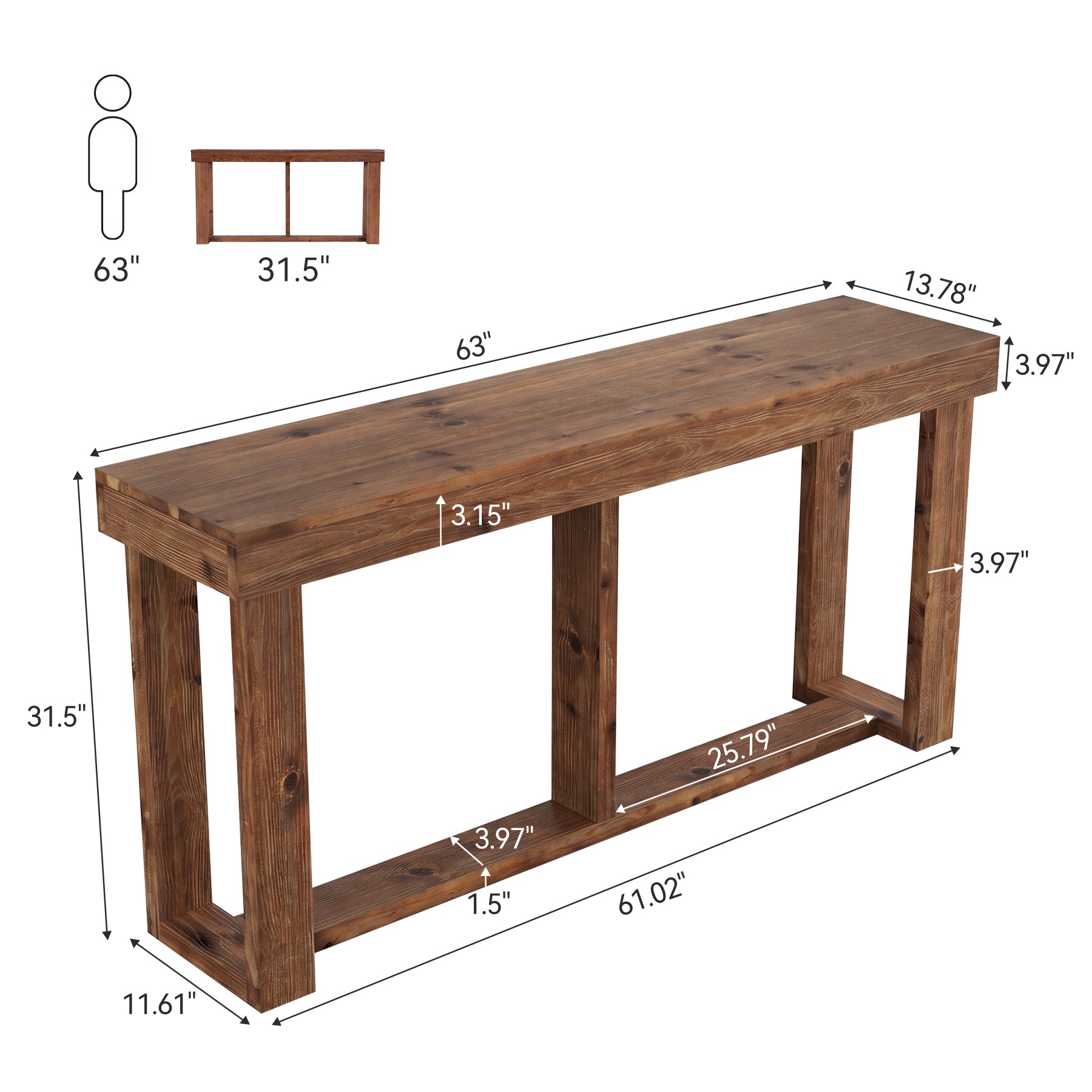 63" Solid Wood Console Table, Farmhouse Sofa Entryway Table for Living Room