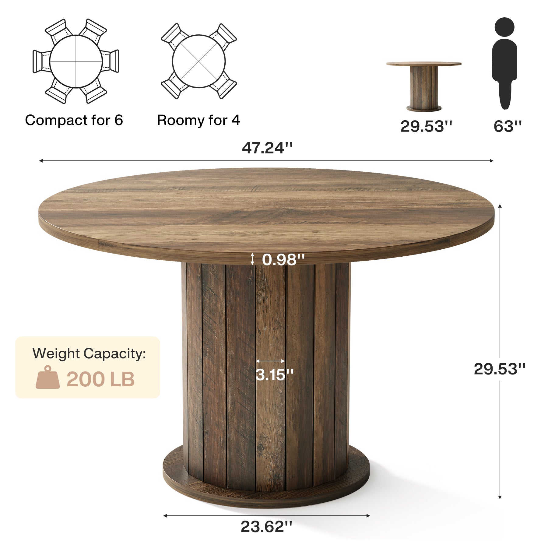 47" Round Dining Table with Pedestal Base, Farmhouse Kitchen Table for 4-6 People