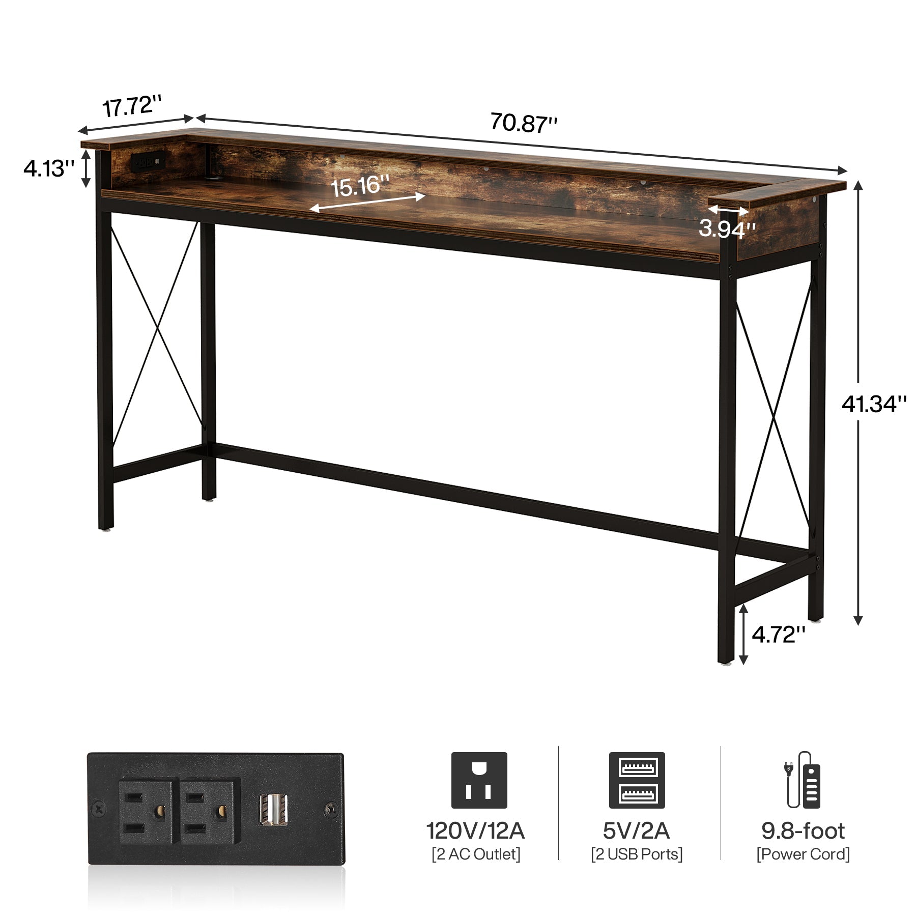 Industrial Console Table, 70.9" Sofa Table with Outlets and USB Ports