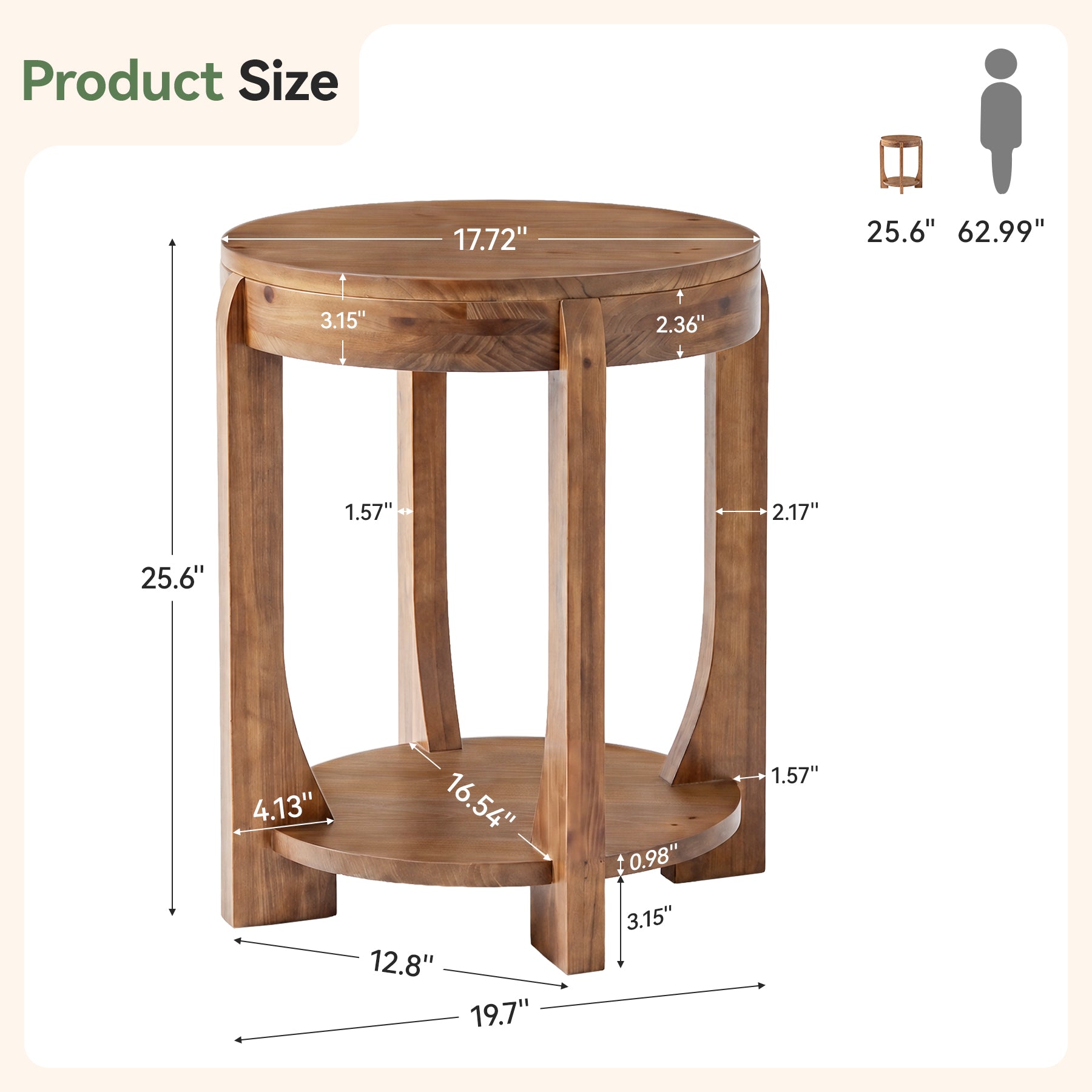 Solid Wood End Table, 2-Tier Round Side Table with Storage Shelf for Living Room, Bedroom