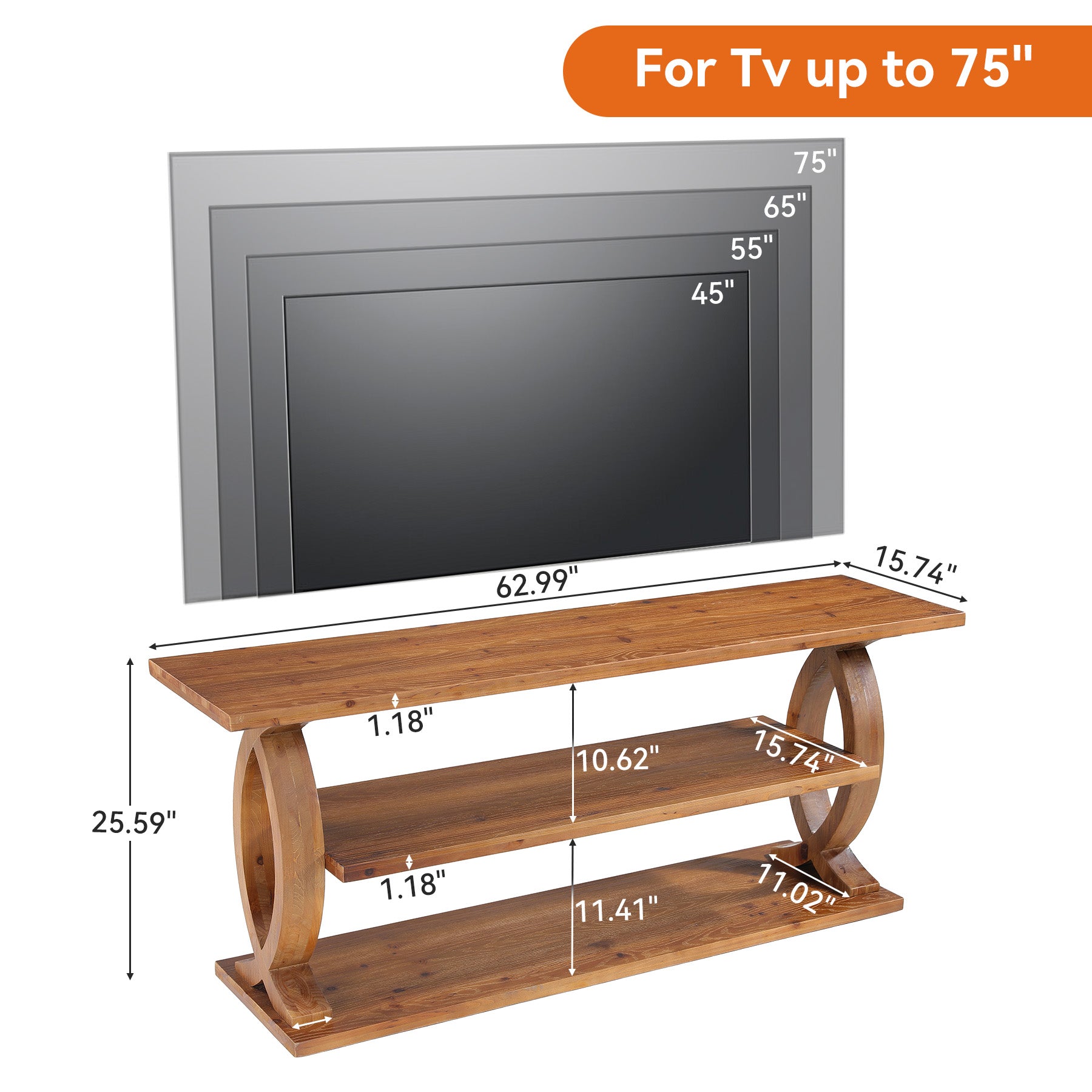 63" Solid Wood TV Stand for 75" TVs, 3-Tier TV Console with Open Storage Shelves