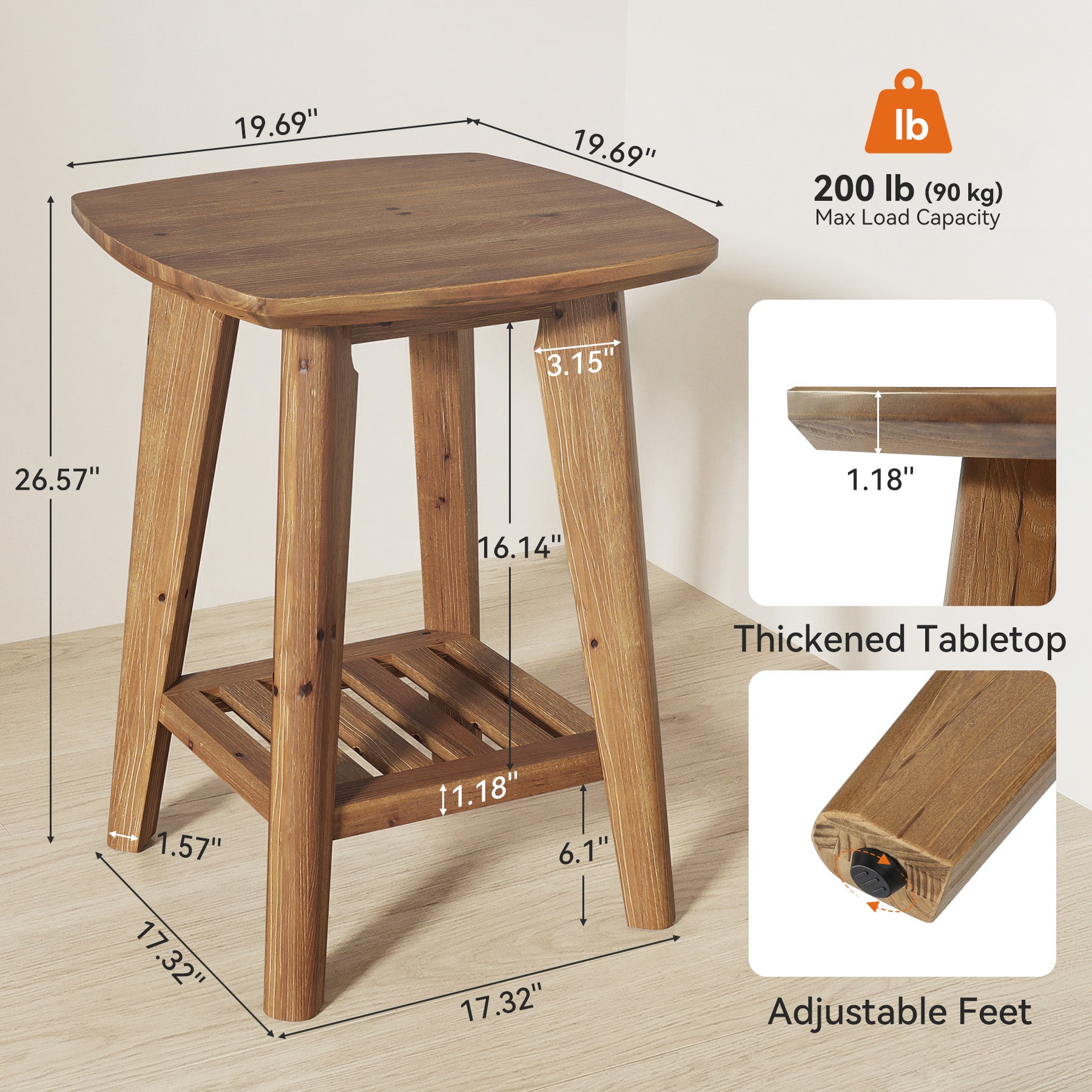 19.69" Square Side Table with 2-Tier Storage Shelf, Solid Wood End Table for Living Room and Sofa Side